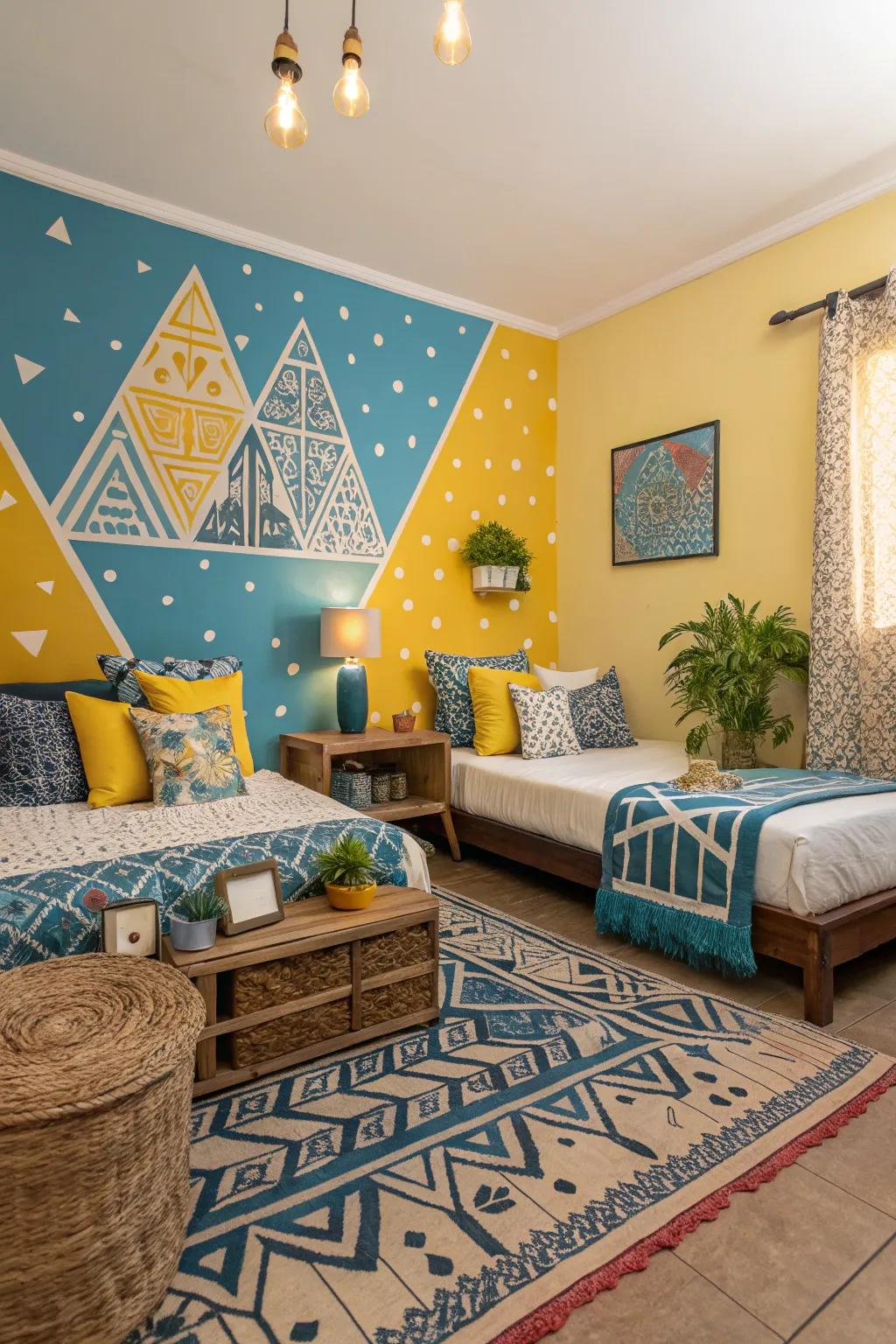A striking accent wall enhances the room's design.