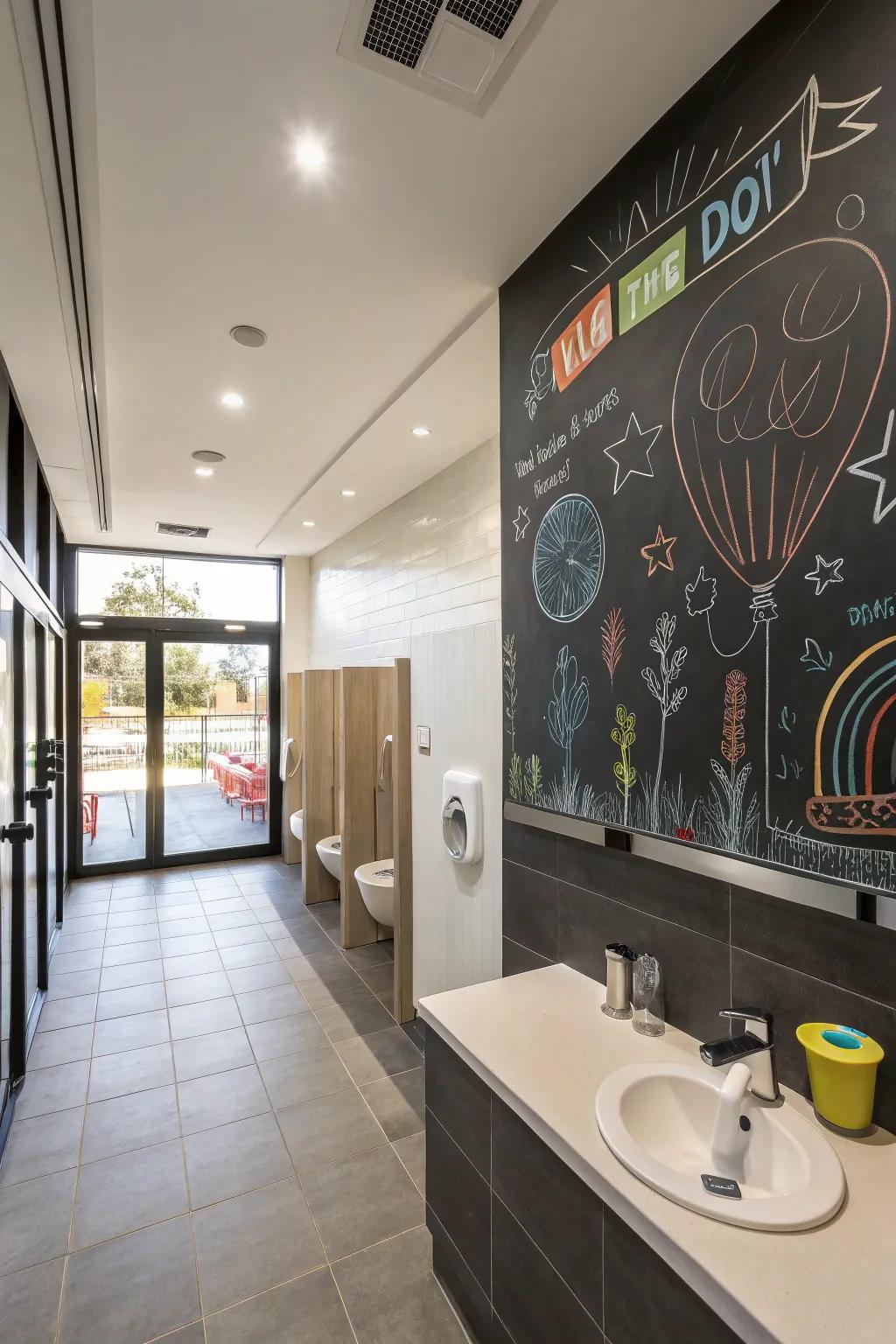 A slateboard partition fosters ingenuity in a boys' lavatory.