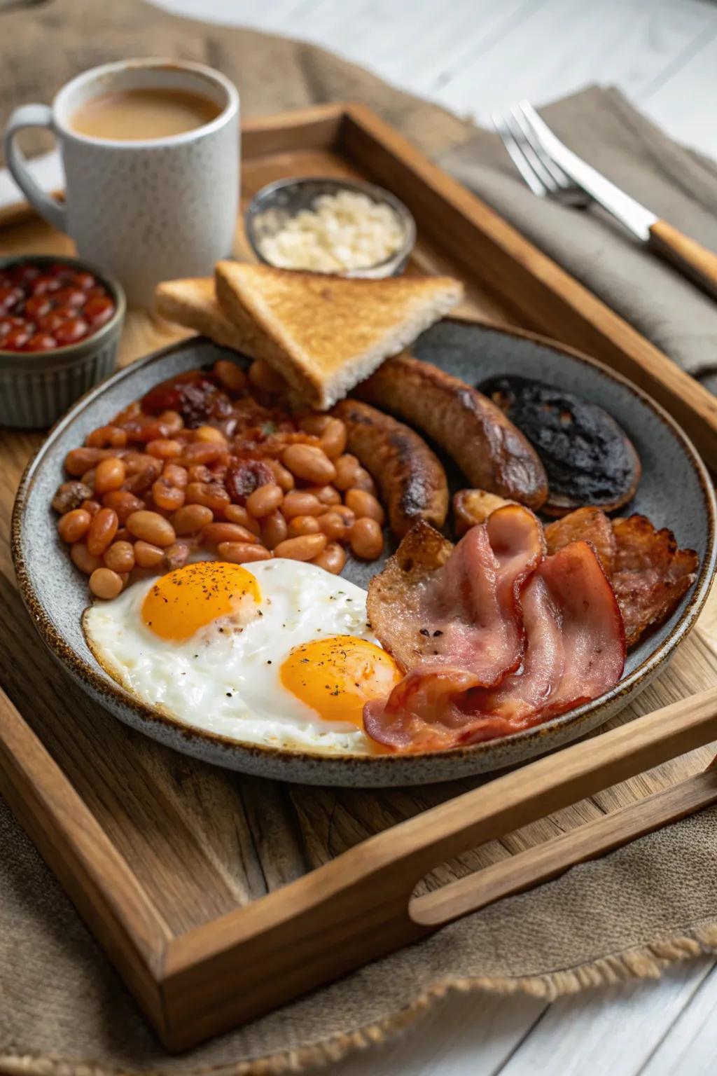A classic full breakfast provides a filling and satisfying meal.
