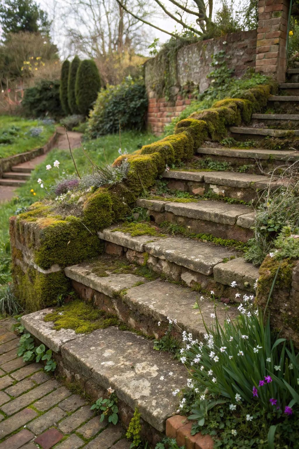 Weathered brick steps exuding timeless charm.