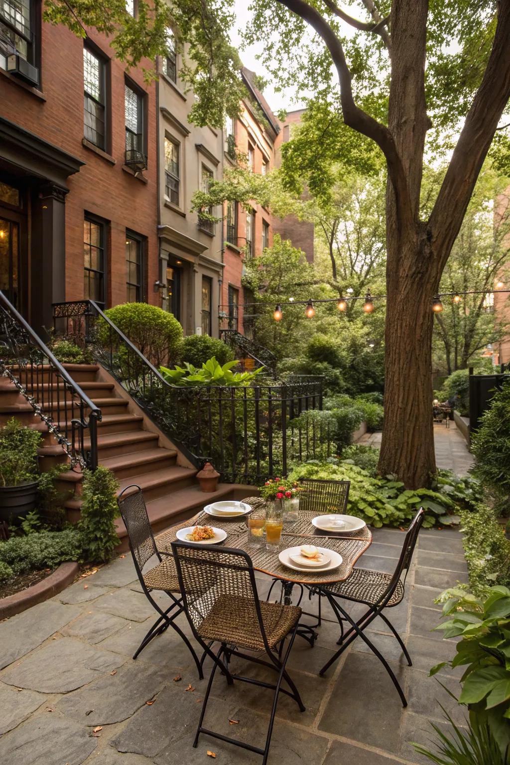 An backyard dining space provides a best setting for meals under the night sky.