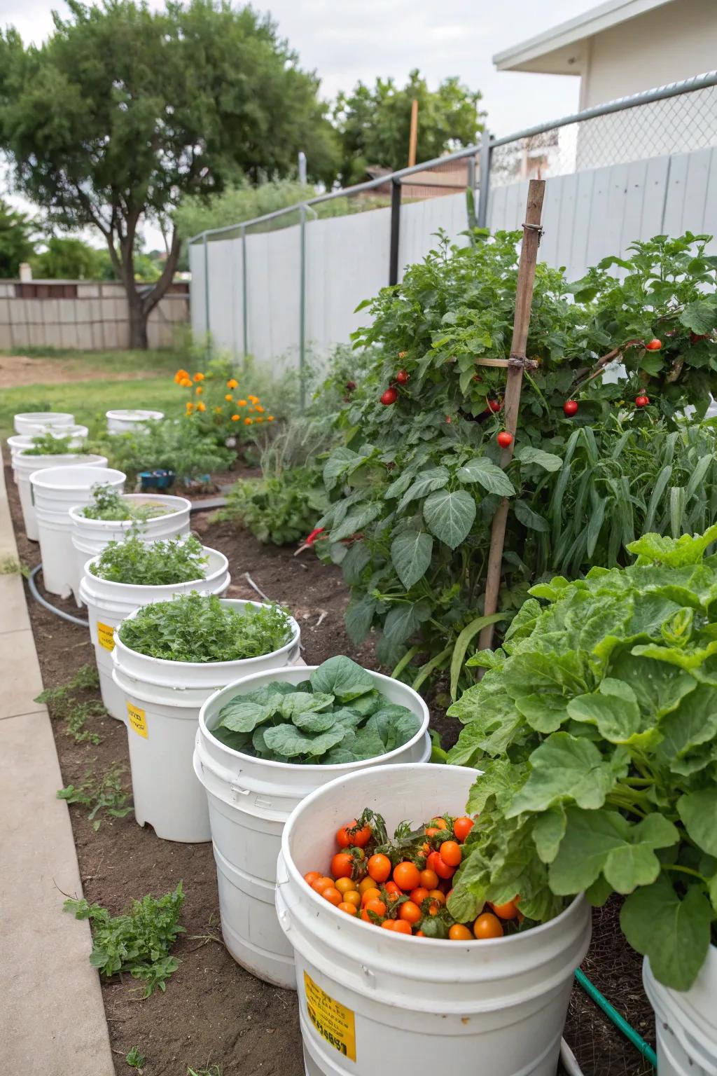 A spectrum of vegetables flourishing in 5-gallon buckets.
