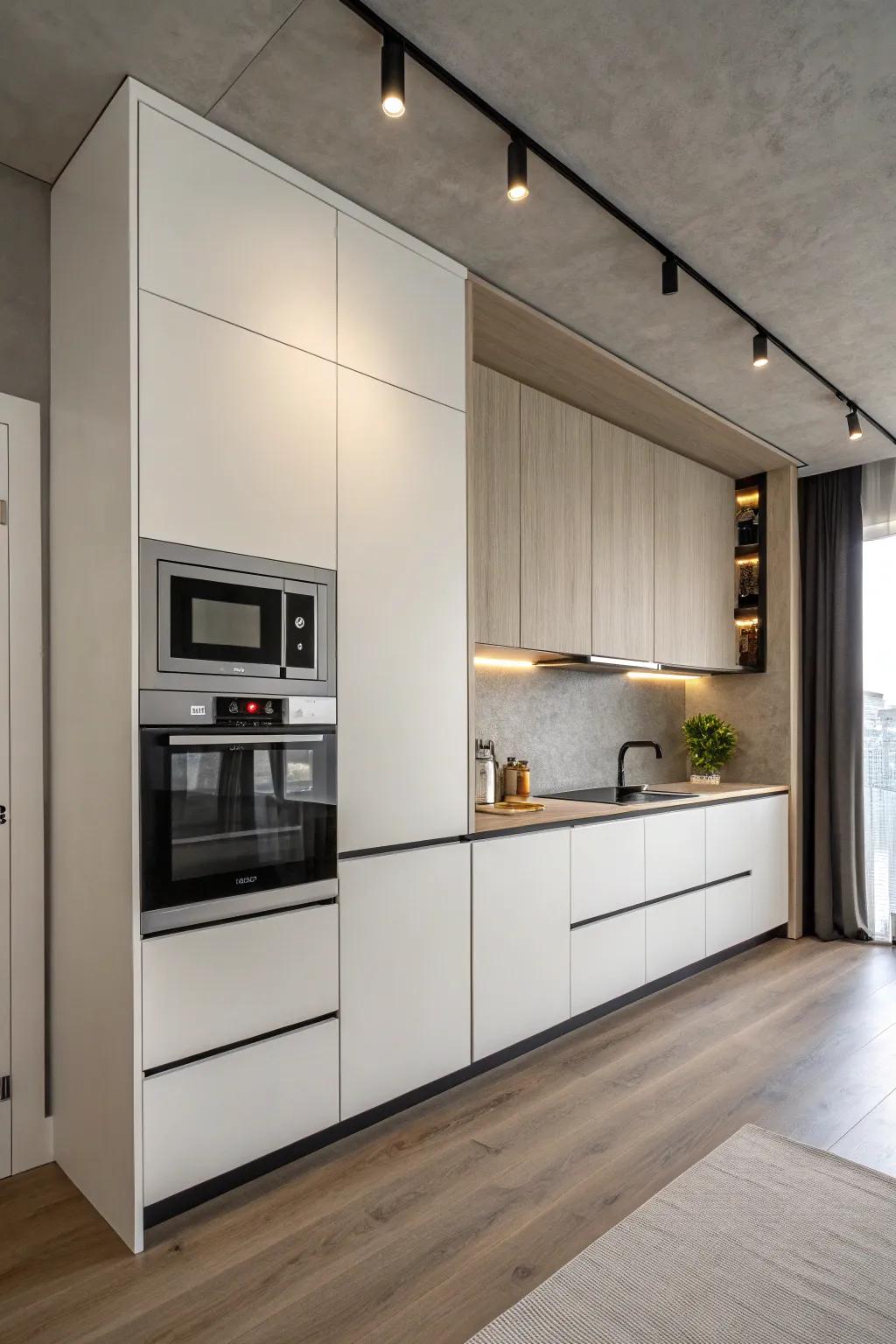 A minimalistic cooking area with a smoothly integrated microwave.