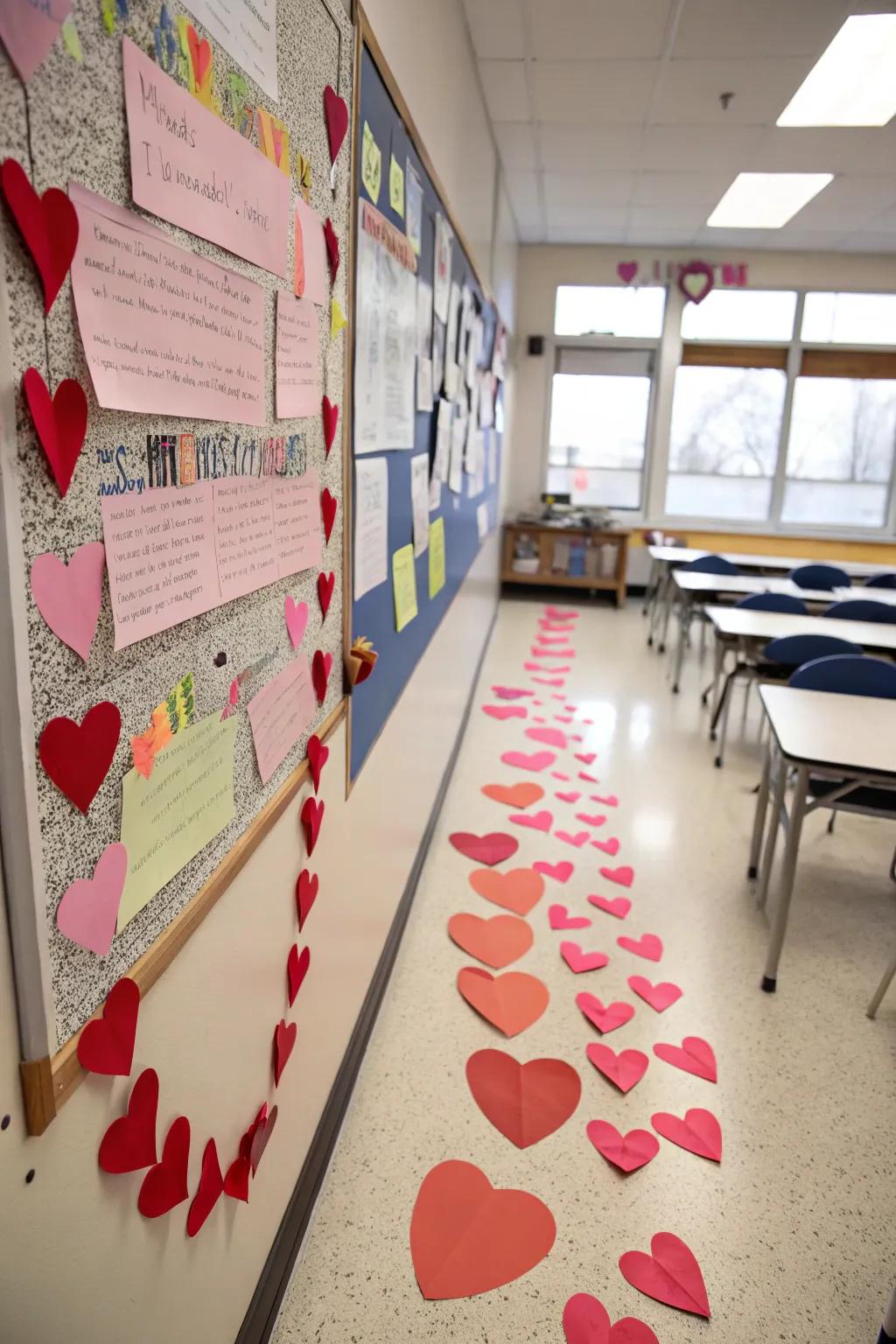 A trail of paper hearts leading to a central heart of appreciation.