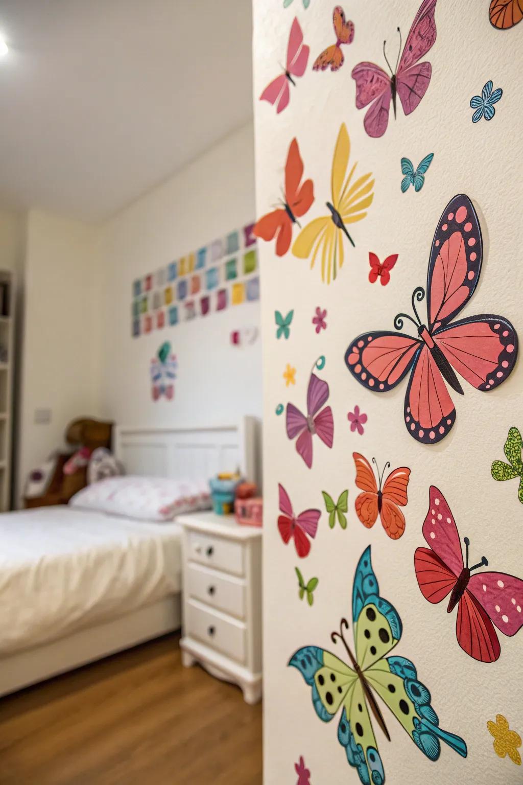 Design a whimsical atmosphere with butterfly adhesive wall art.