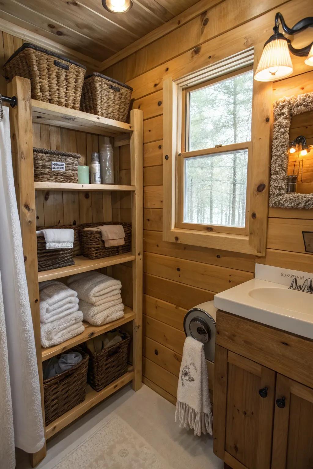 A cabin bathroom displaying functional design with timber shelves.