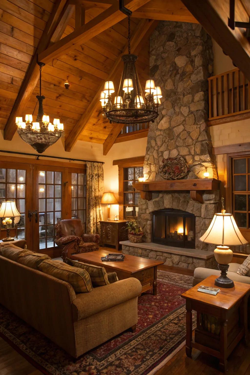 The warm lighting makes the cabin's interior feel deeper and more cozy.