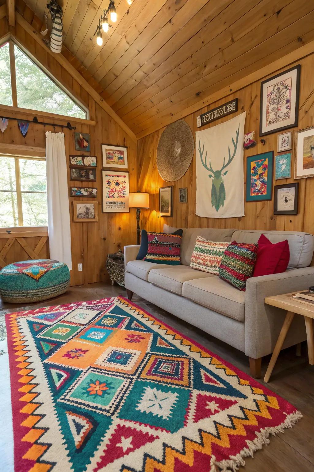 Eclectic decor introduces personality and warmth to the cabin's interior.
