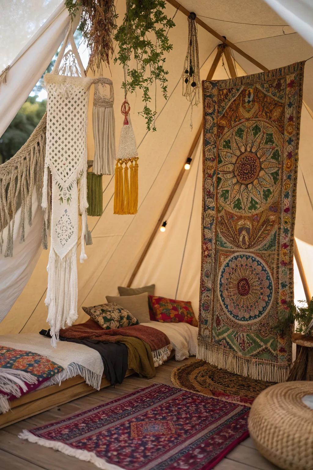 Add boho flares for a vivid and offbeat tent interior.