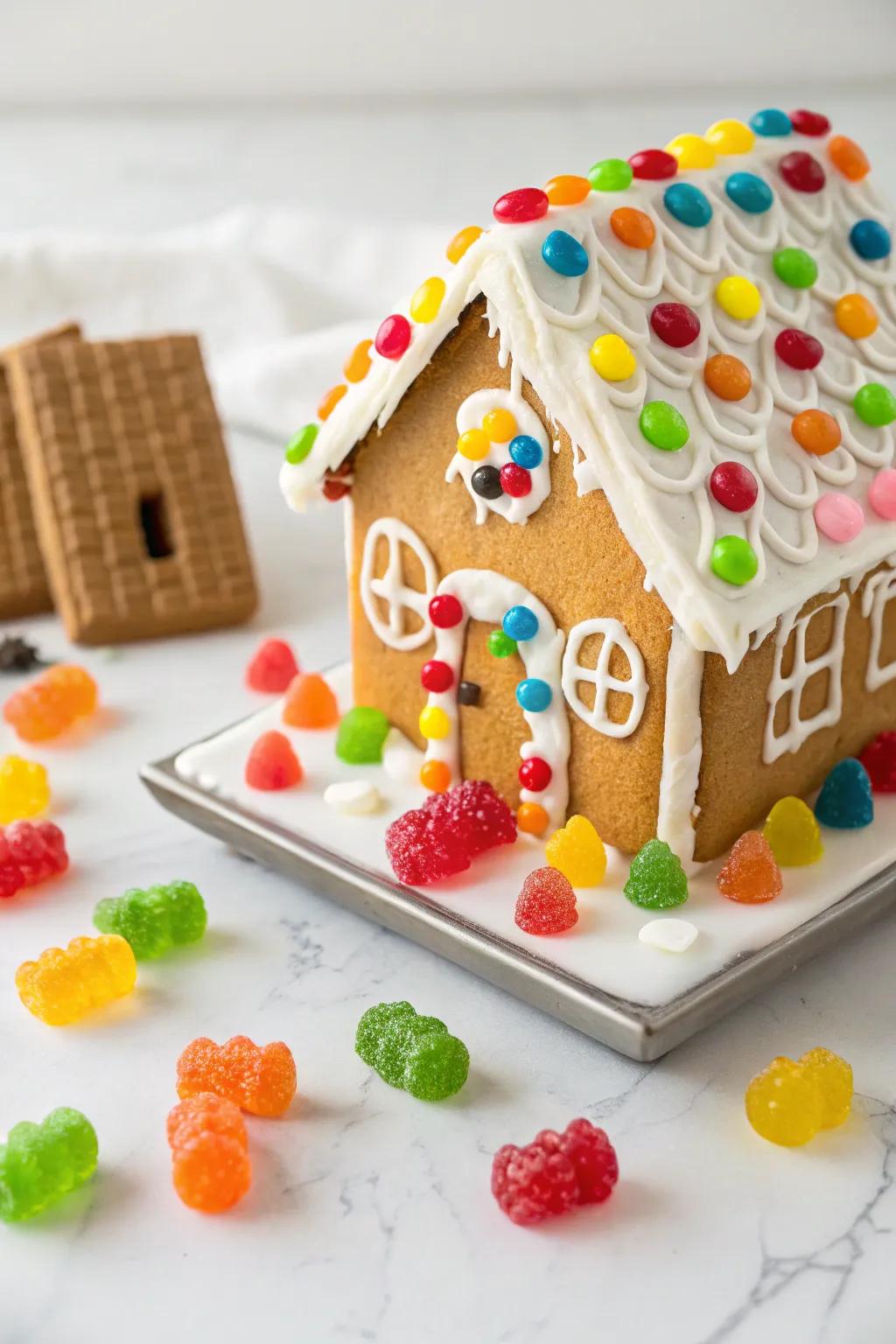 Chewy figures playfully situated around the gingerbread residence.