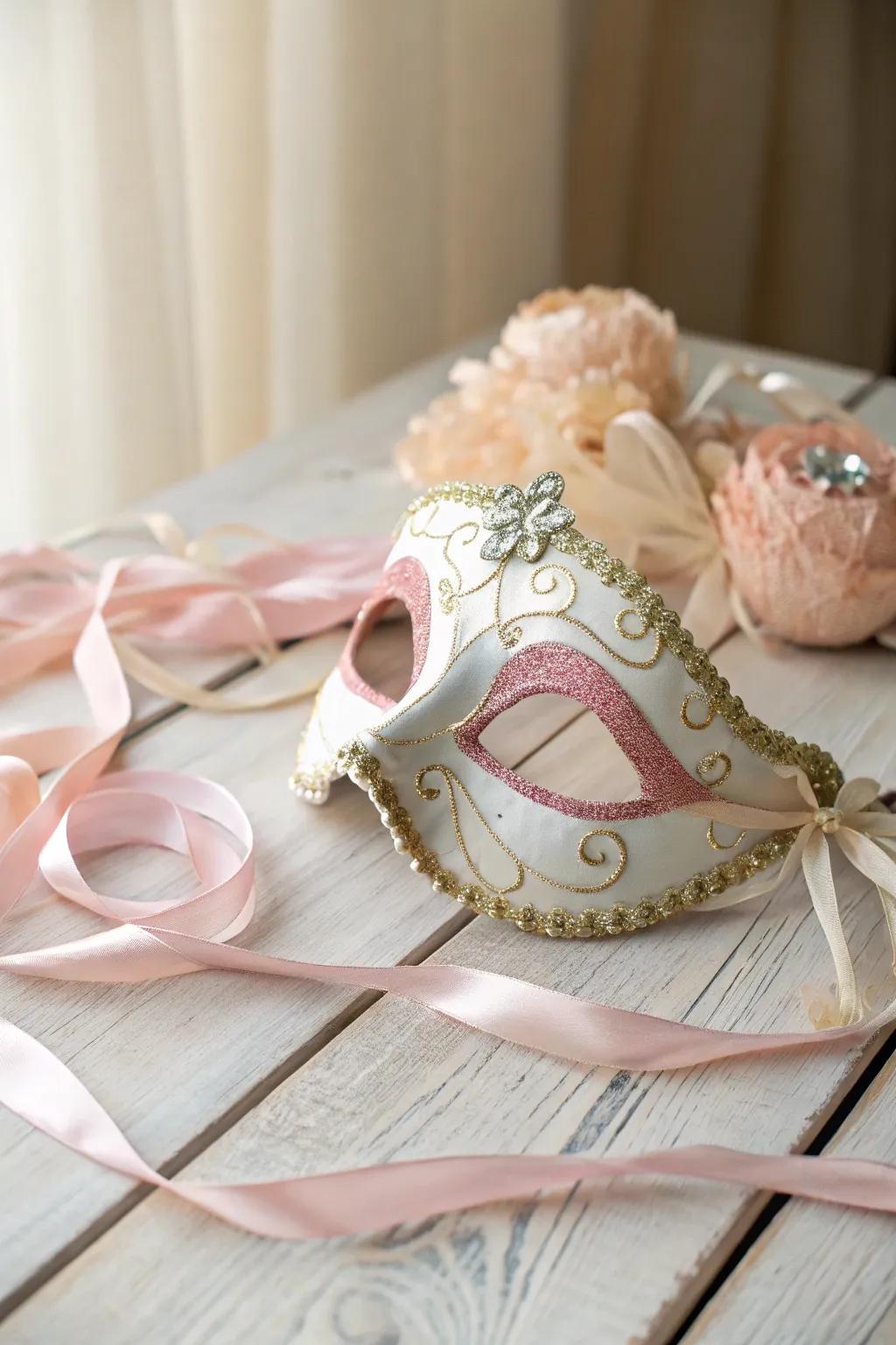 Embrace the elegance of ribbons and bows in your carnival mask design for a soft, romantic touch.