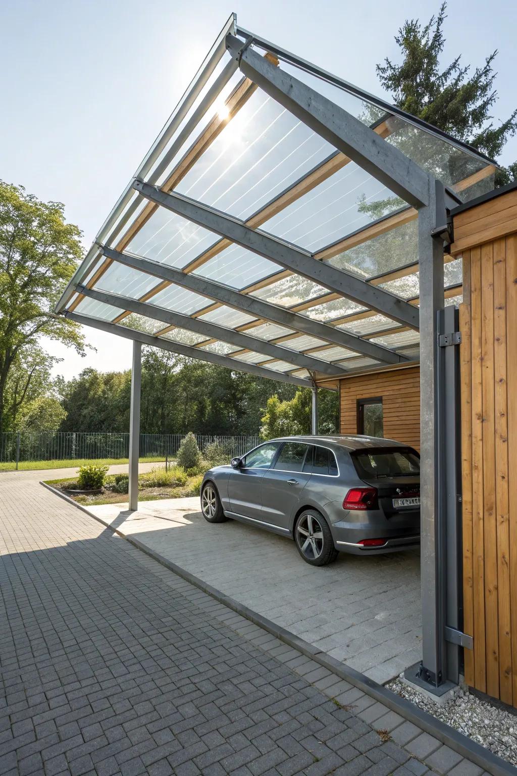 A dynamic carport design, mixing metal, glass, and wood for unique appeal.