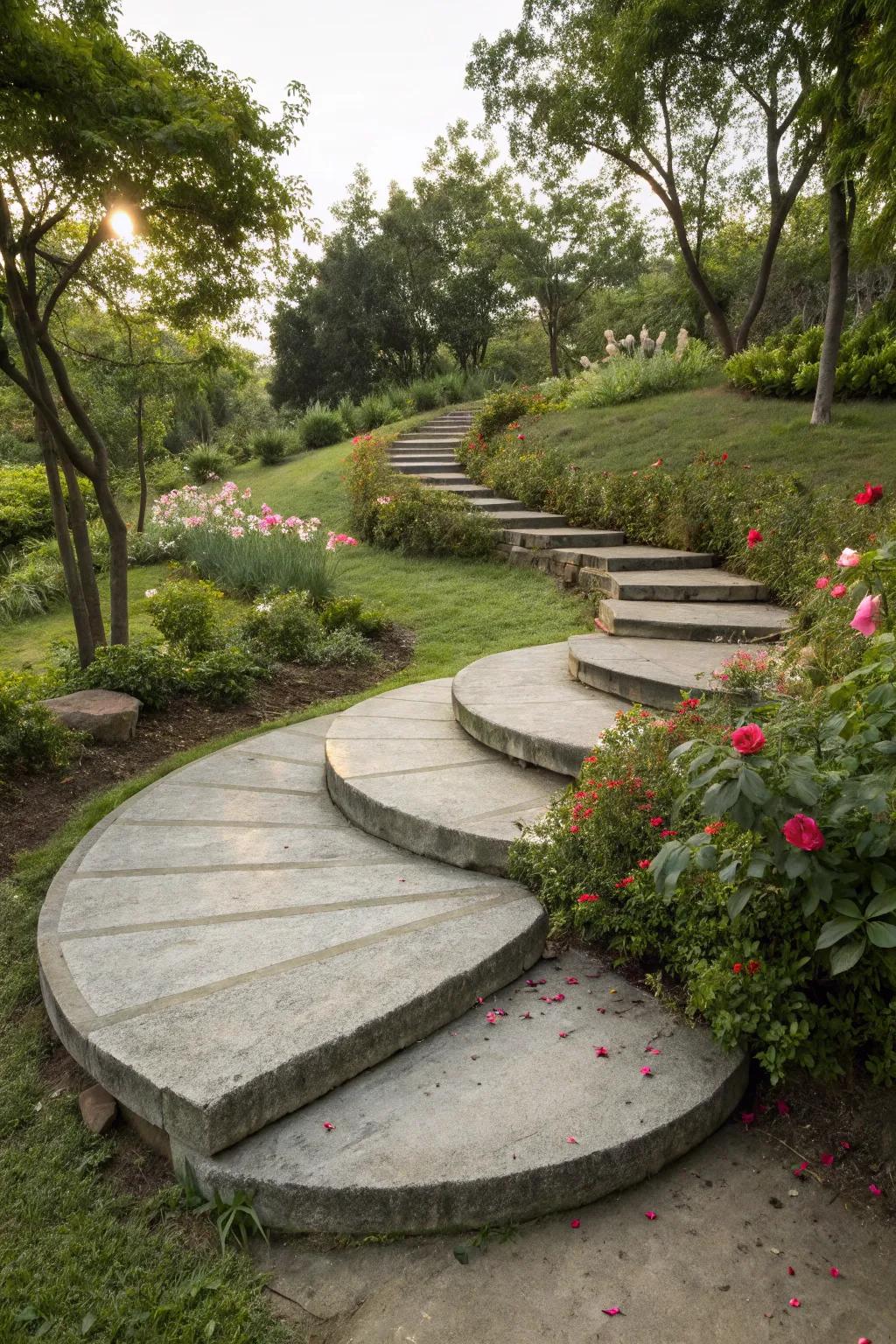 Curved stone tile steps bringing artistic flair to garden paths.