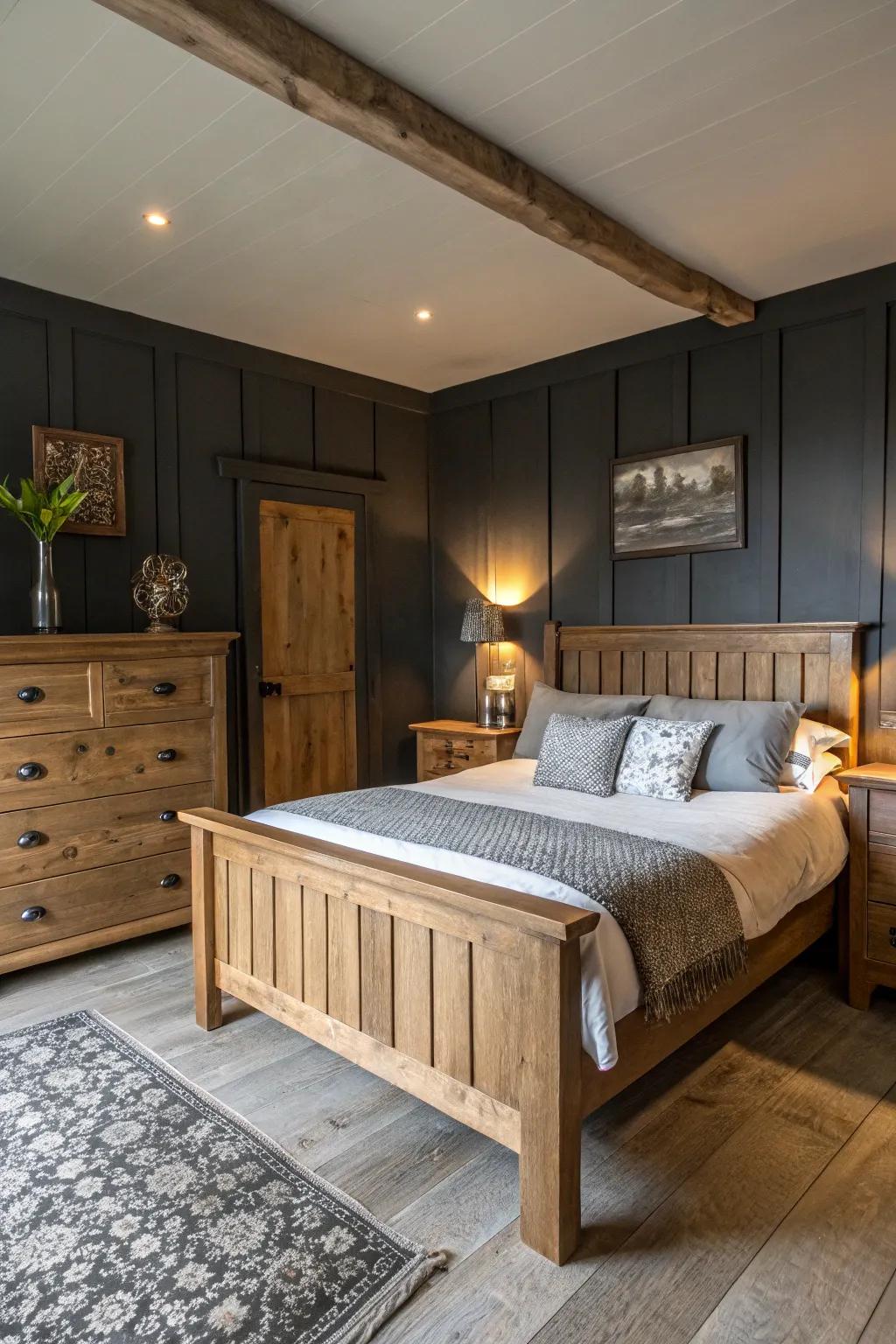 Weathered features enhance the warmth of an ash-themed bedroom.