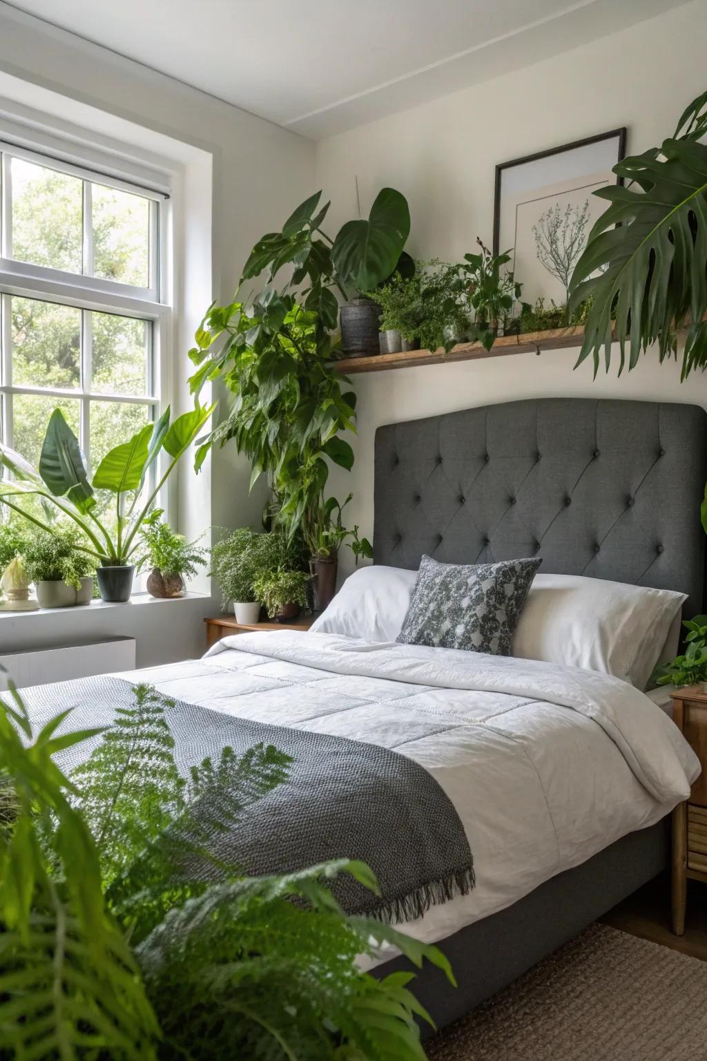 Greenery adds a refreshing touch to a dark grey headboard setting.