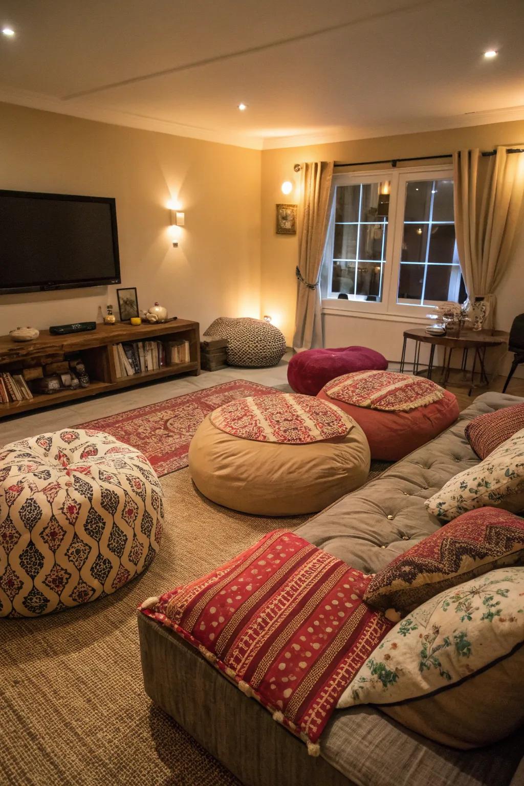 Ground seating establishes a laid-back, inviting ambiance.