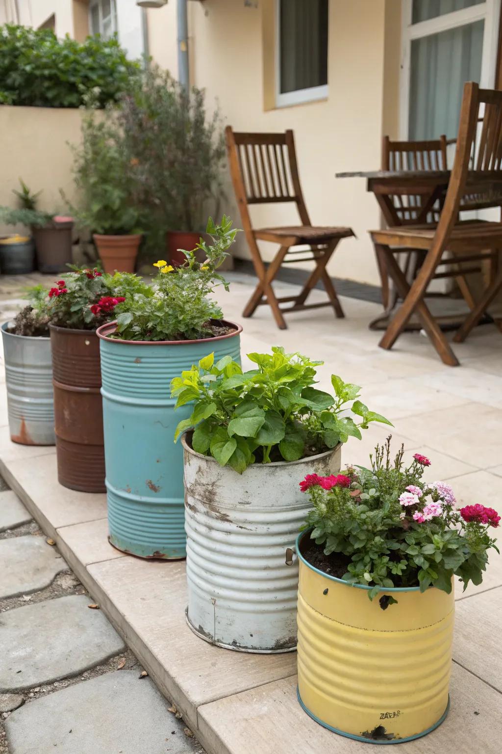 Upcycled holders add a distinctive touch to your patio.