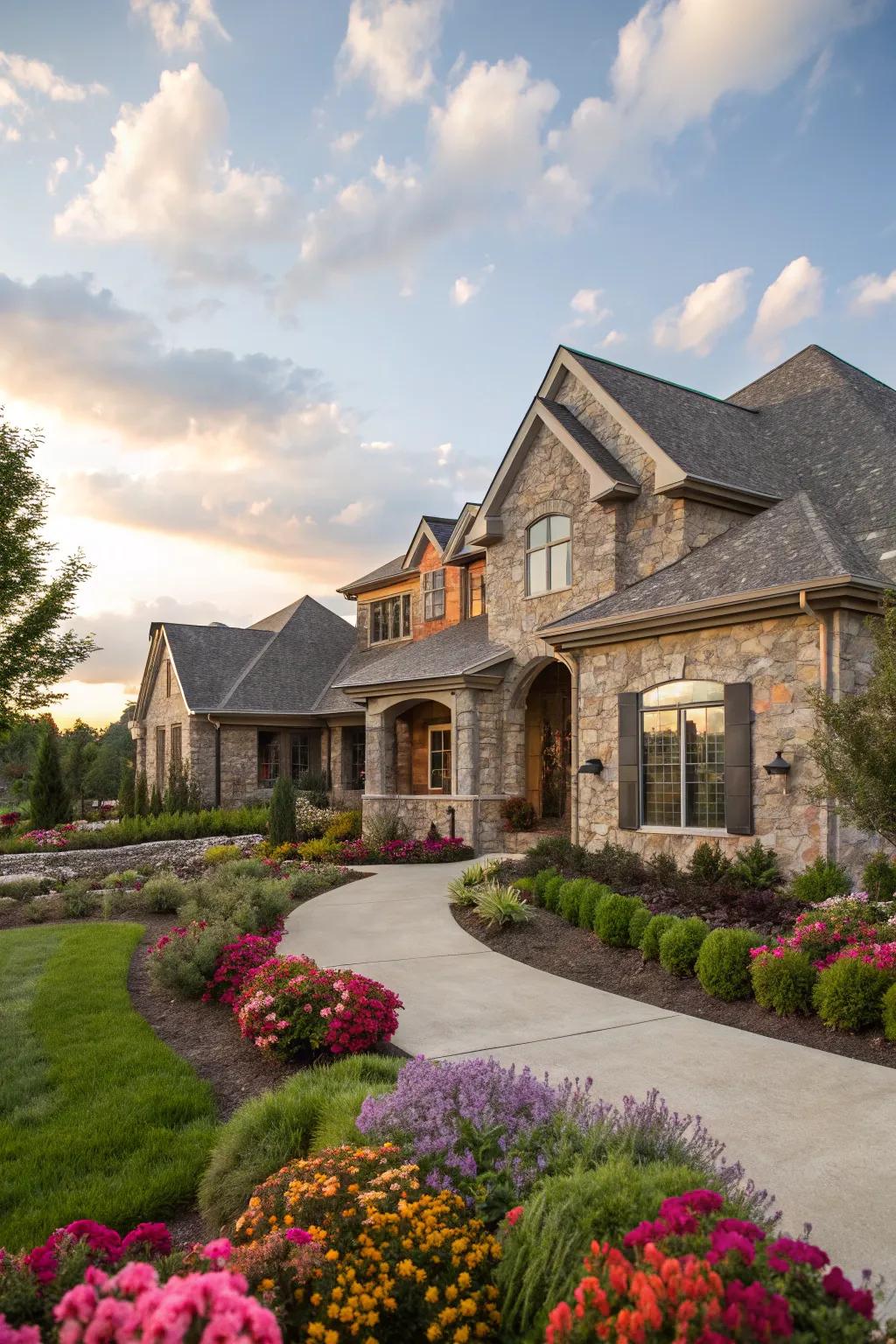 Stone veneer siding provides a luxurious stone-like appearance.