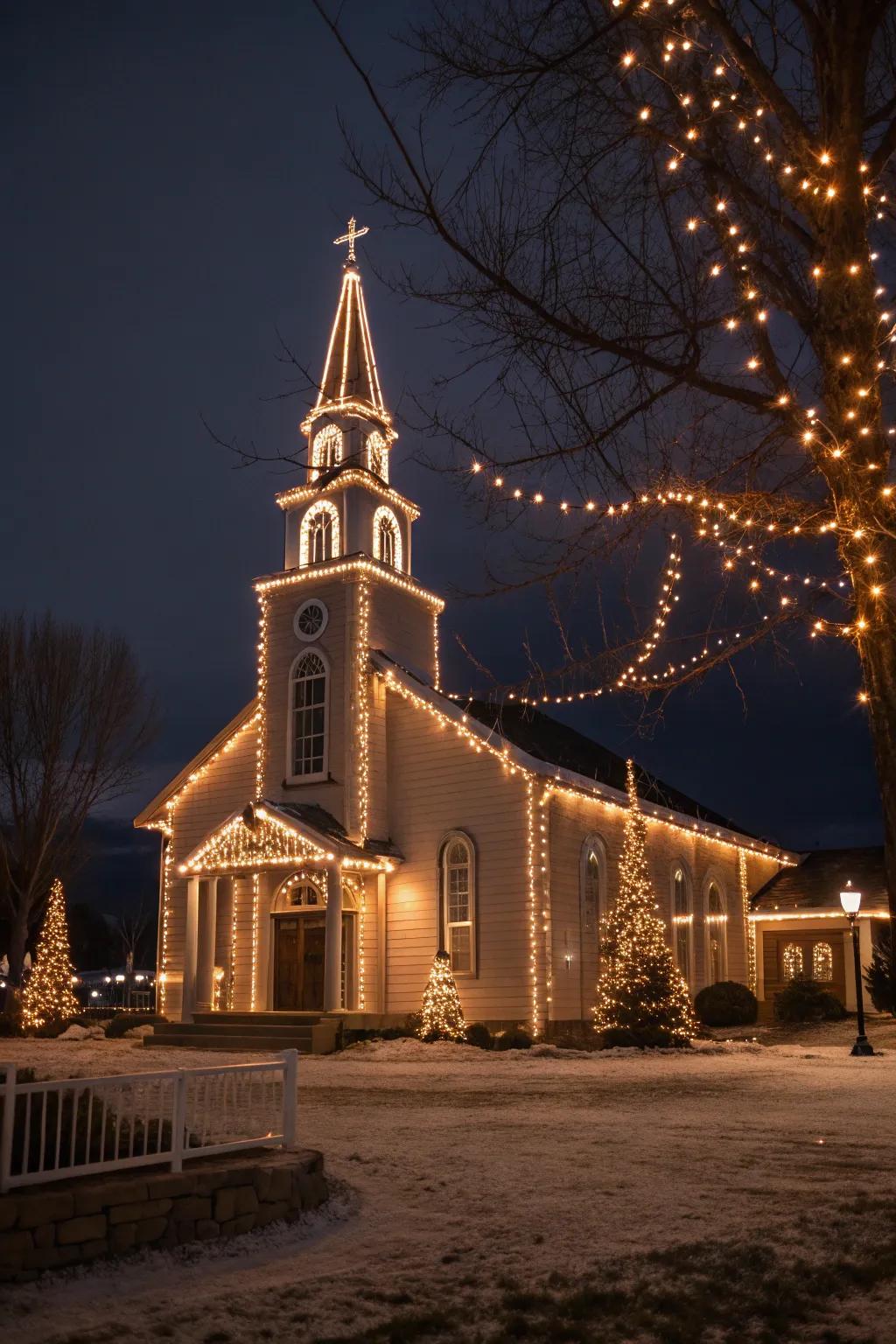 Glittering beams accentuate the church’s architectural grace.