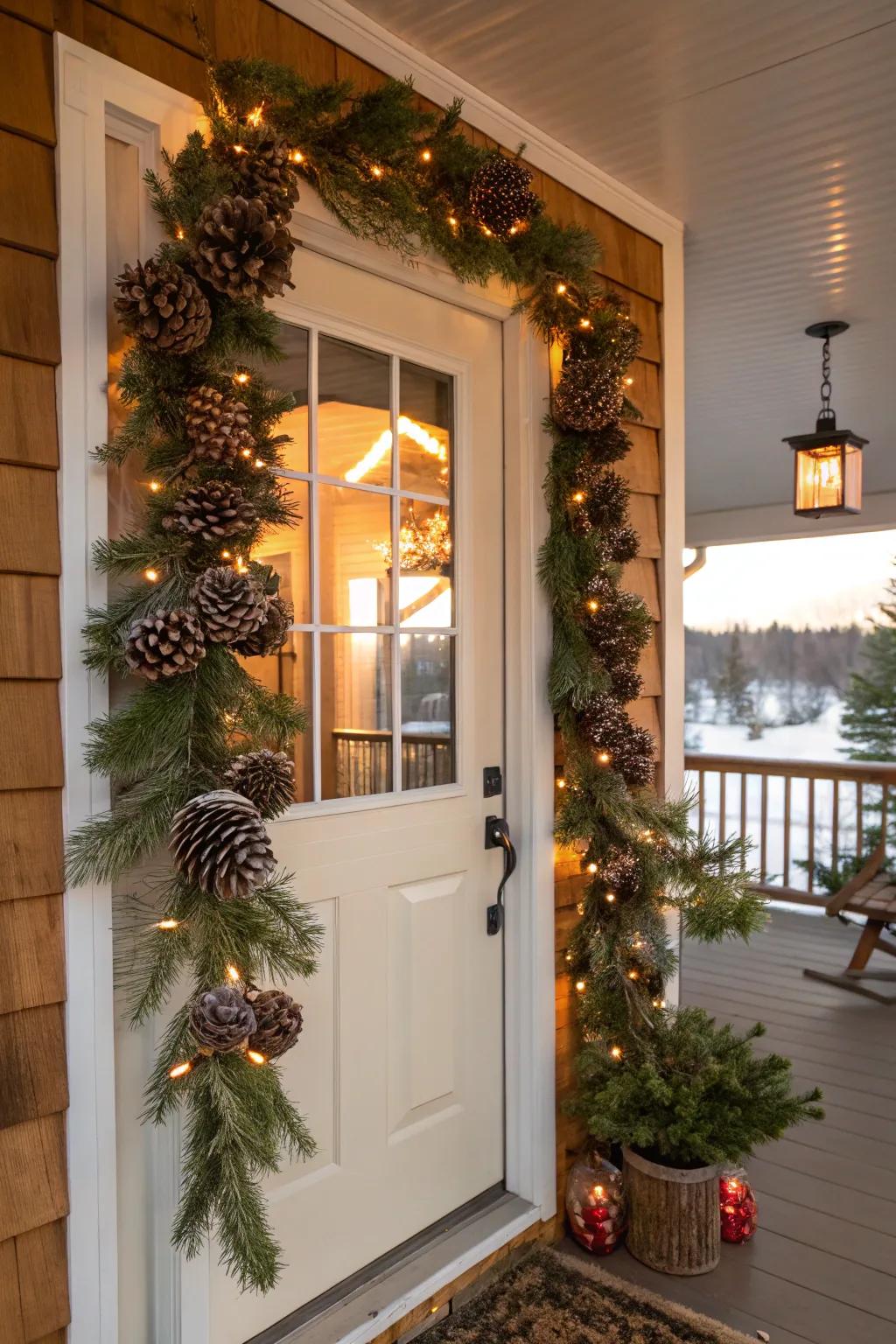 Nature-inspired sophistication featuring a conifer cone garland.