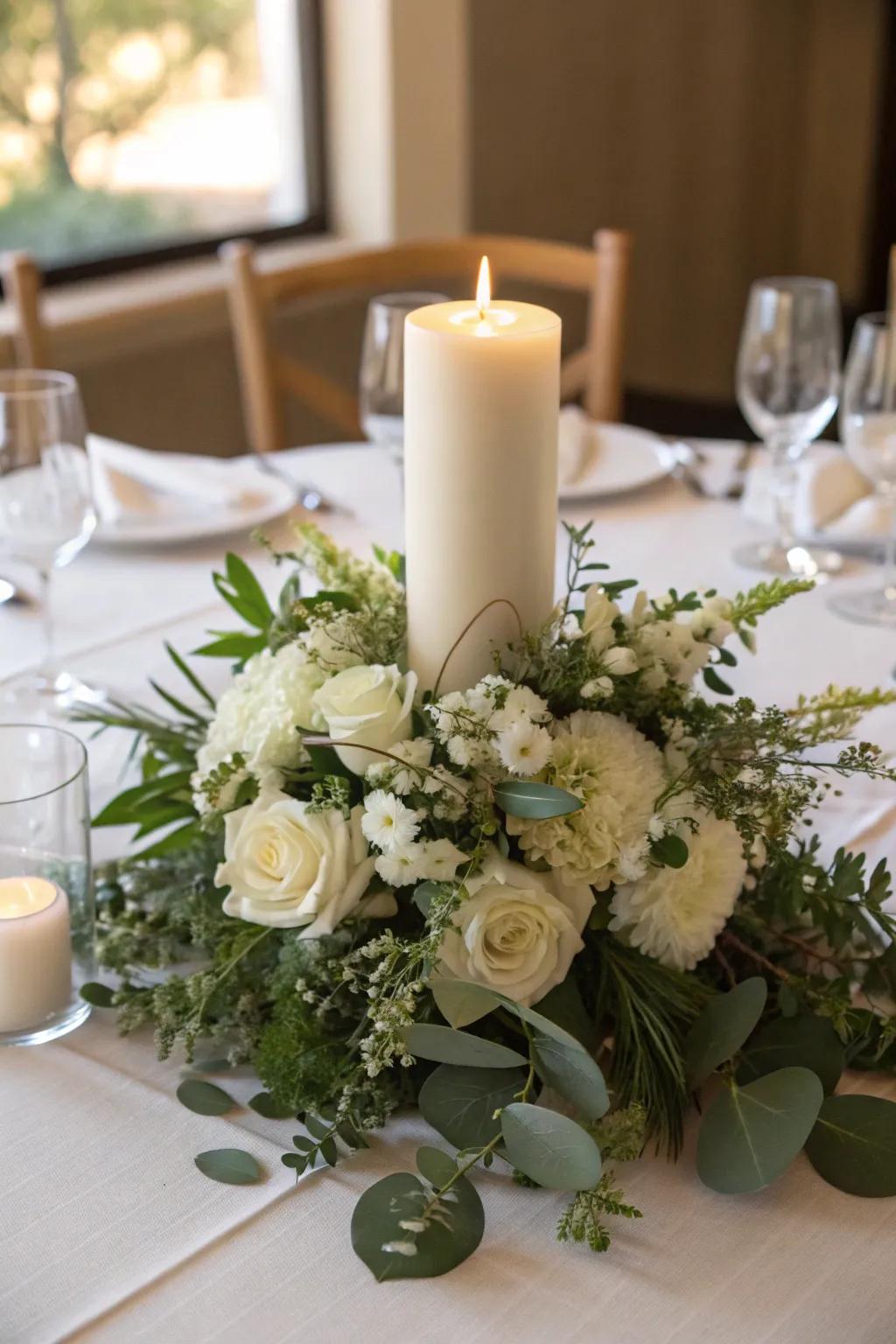 Illumination devices append a warm gleam to a charming floral centerpiece.