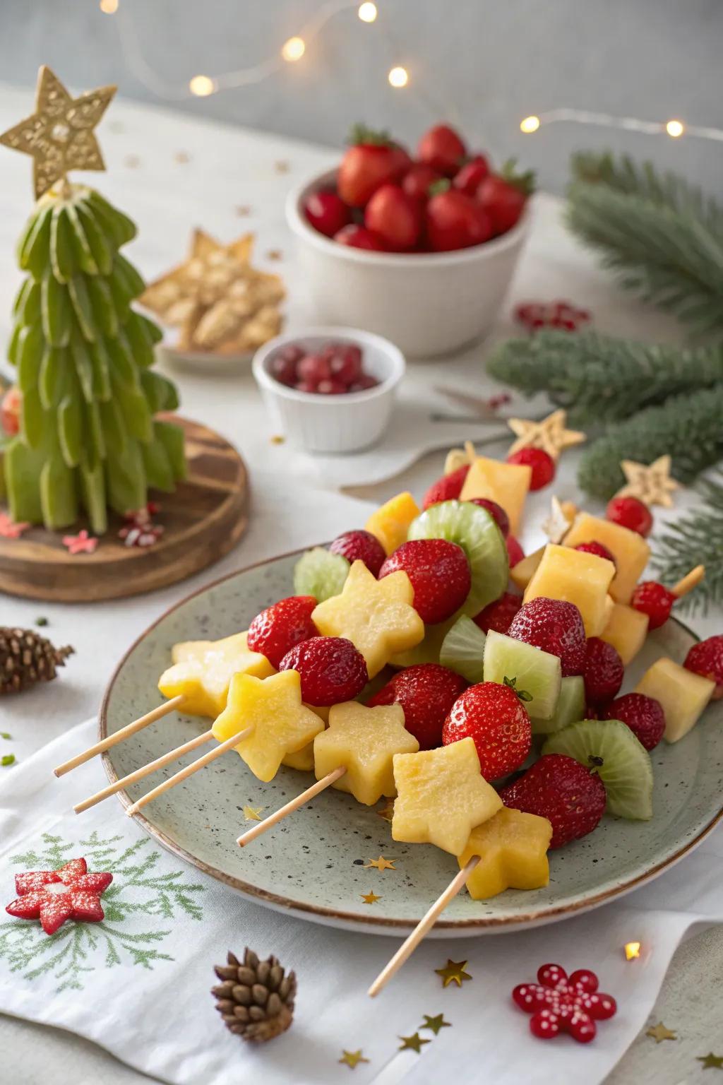 Festive fruit skewers shaped like stars and trees.