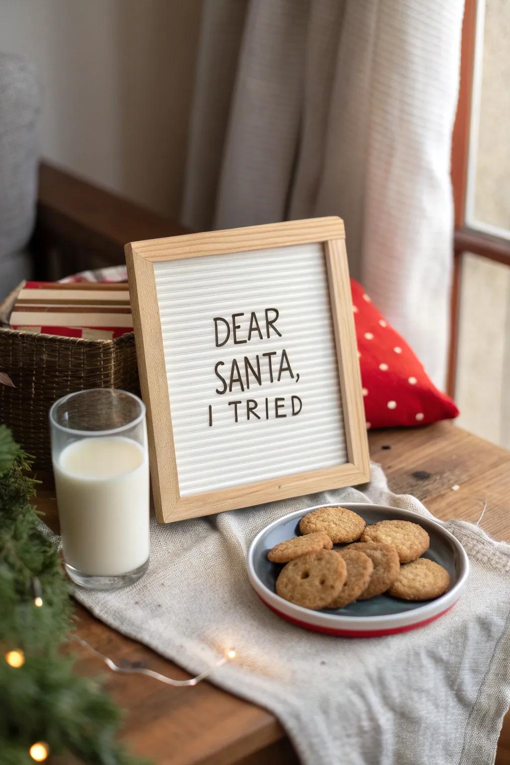 A spirited message directed to Father Christmas, filled with crackers and dessert.