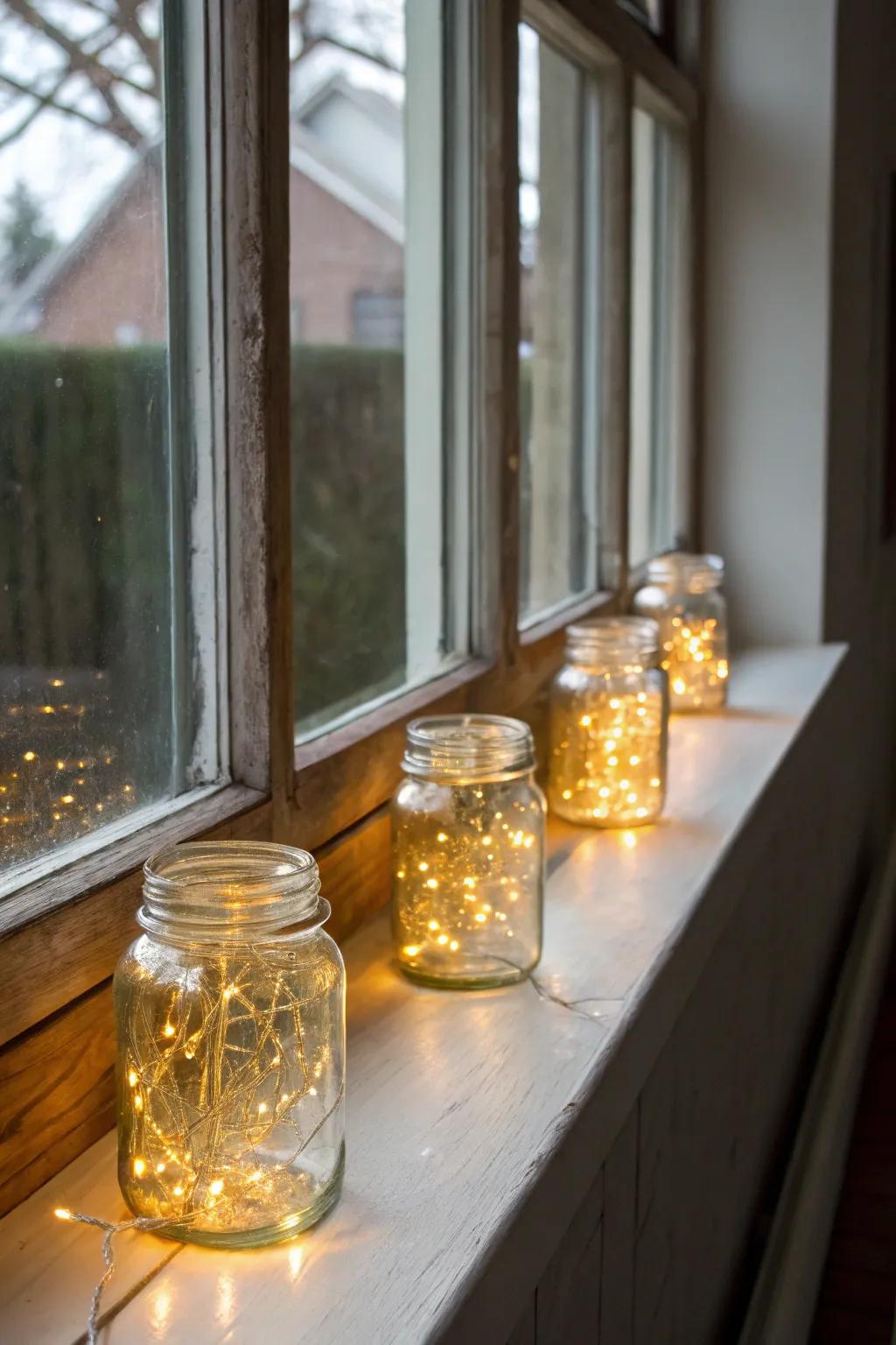 Custom light decor infuses a charming radiance onto the window sill.