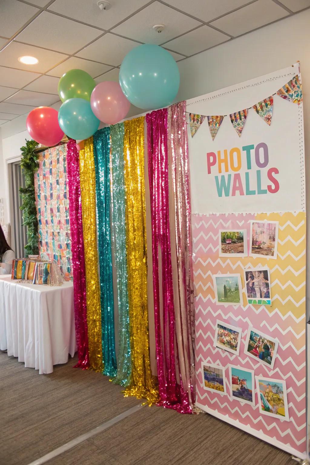 A cheerful photo wall is an enjoyable method for attendees to preserve memories.