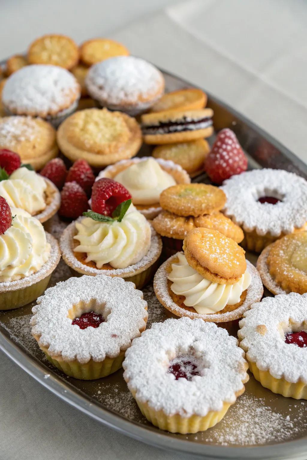 Selection of mini pastries and cookies for a sweet indulgence.