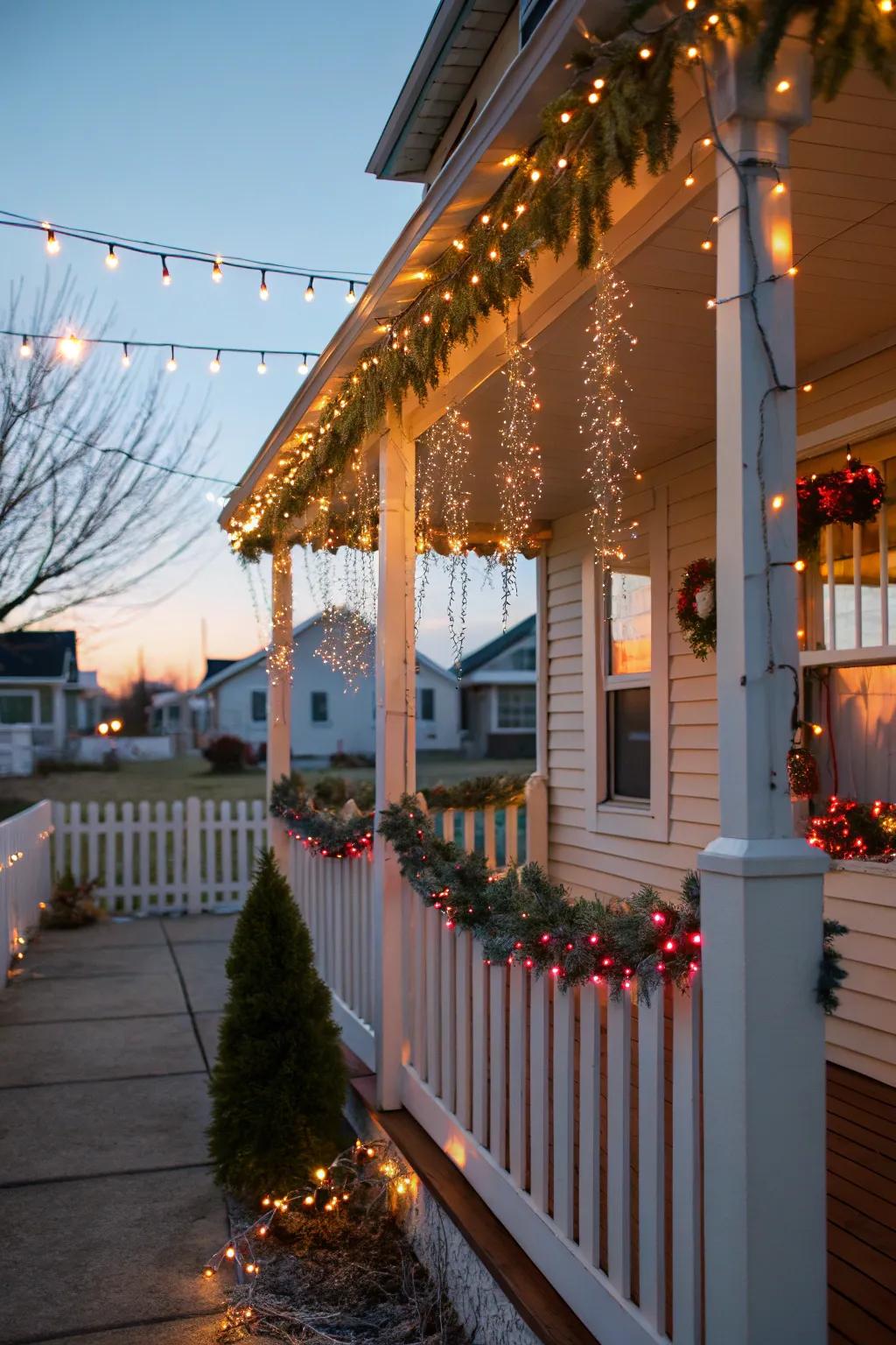 Exterior sparkle ribbon accents infuse radiance into a celebratory porch setting.