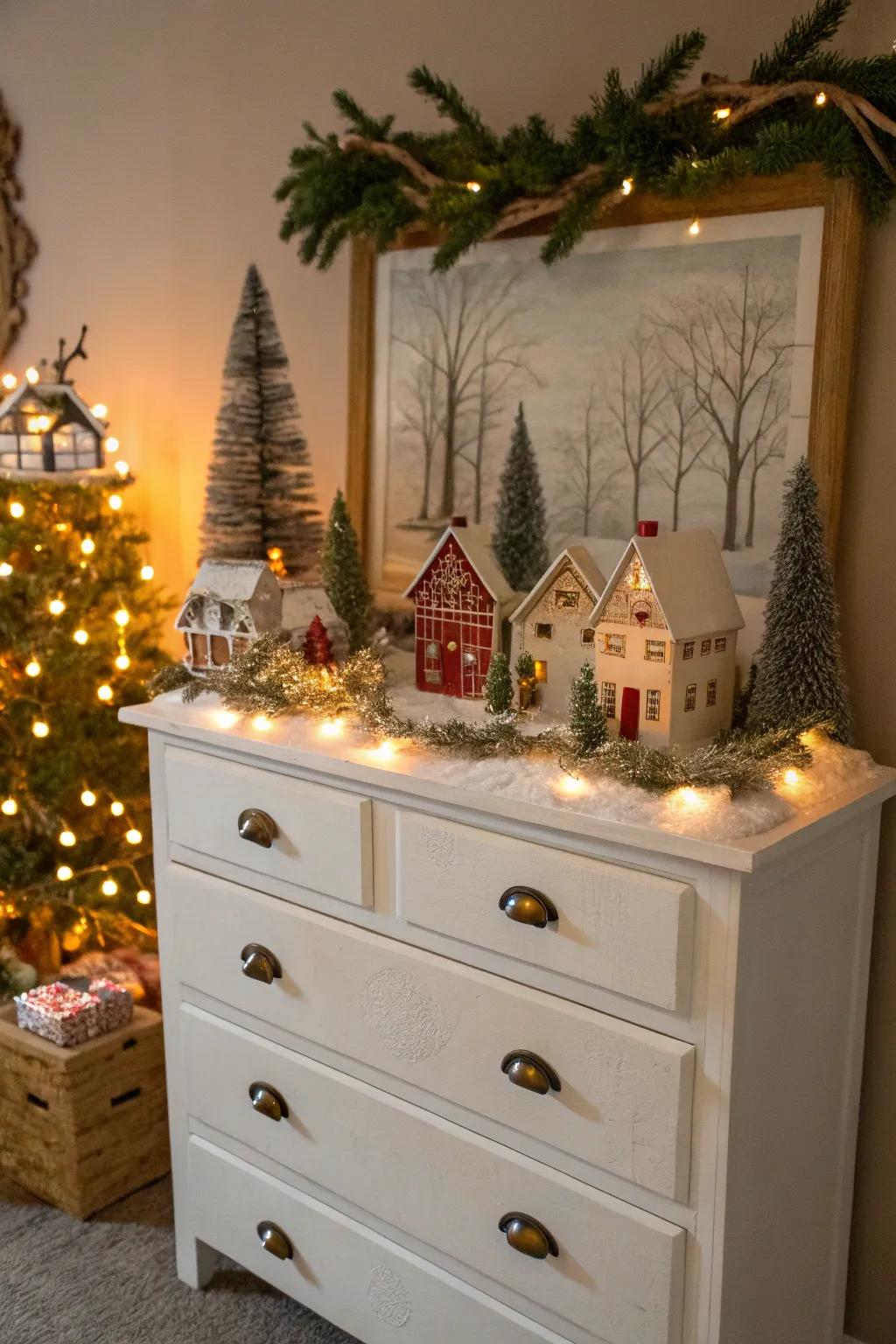 A repurposed cabinet becomes a creative Christmas village exhibit.