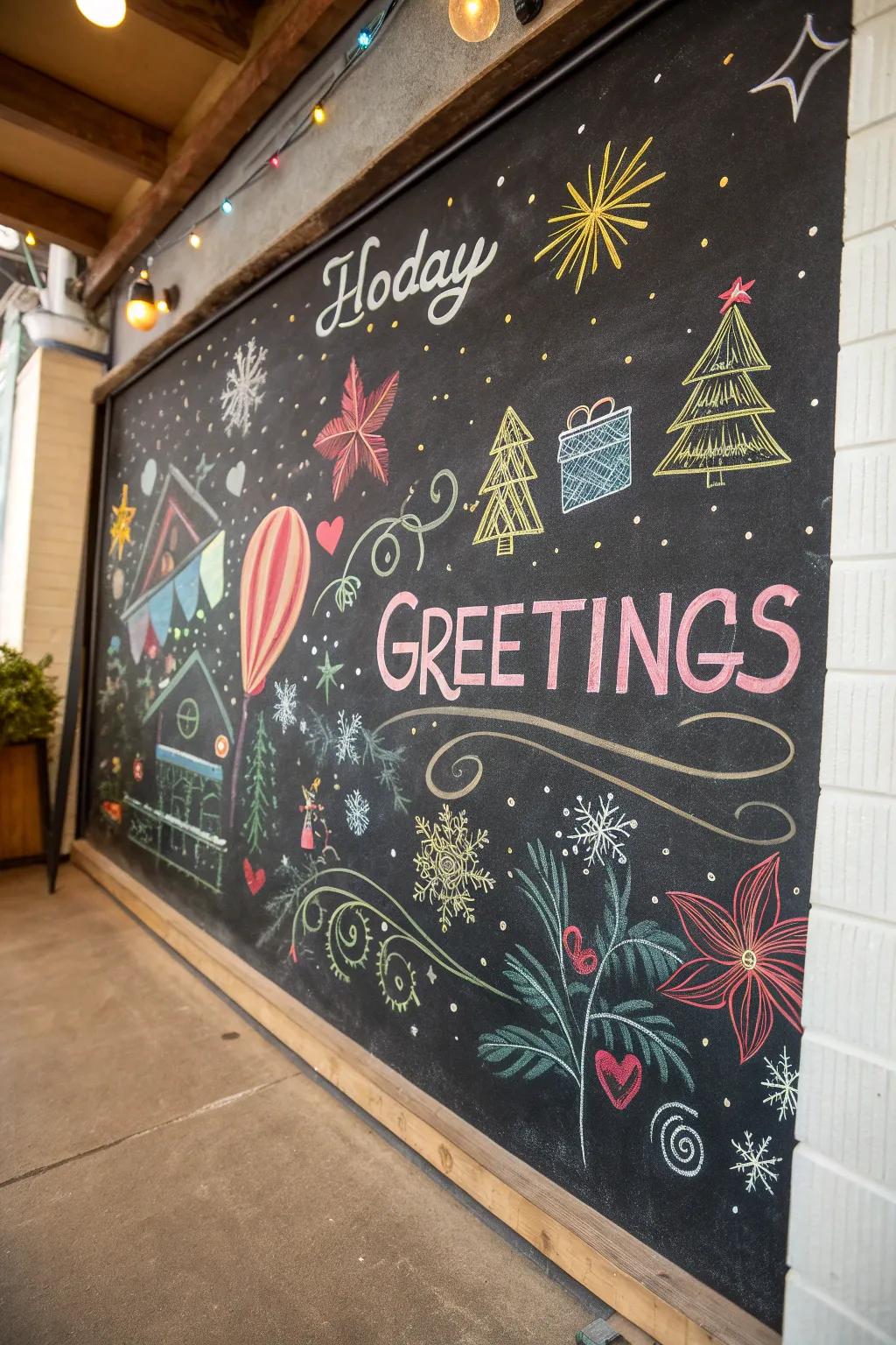 A chalkboard wall becoming a surface for Christmas artistic expressions.