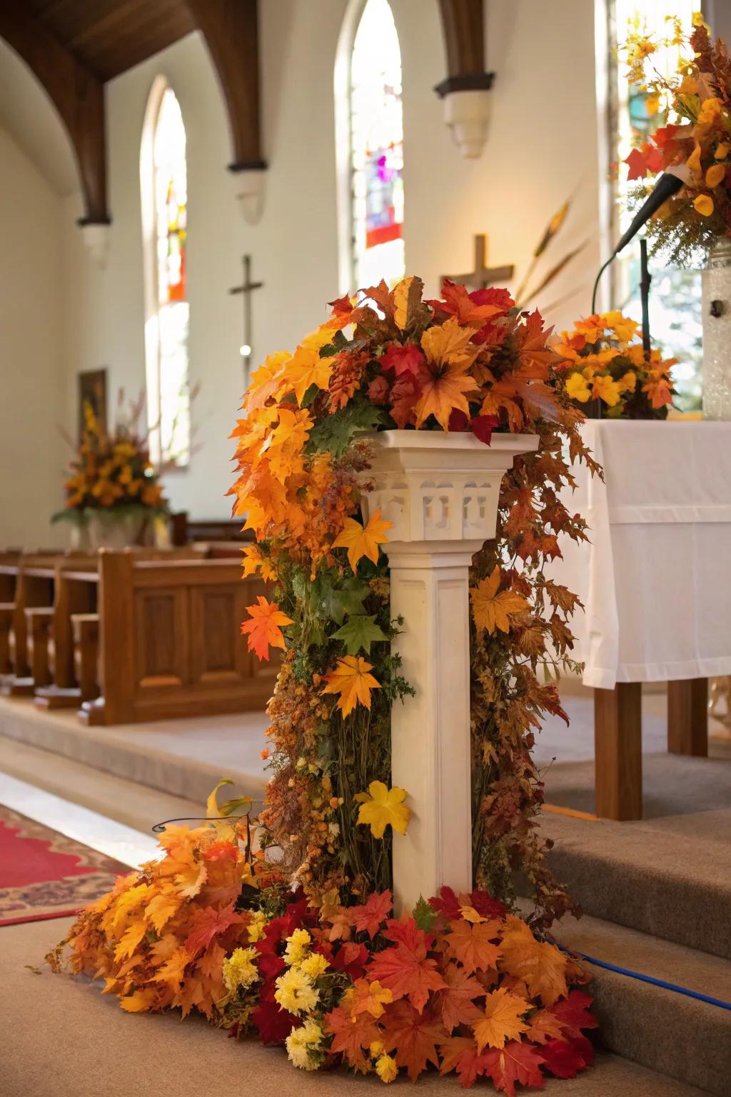 An altar exquisitely adorned with in-season details such as autumn foliage.
