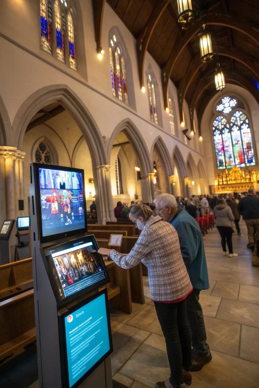 Chapel interior presenting interactive digital displays.