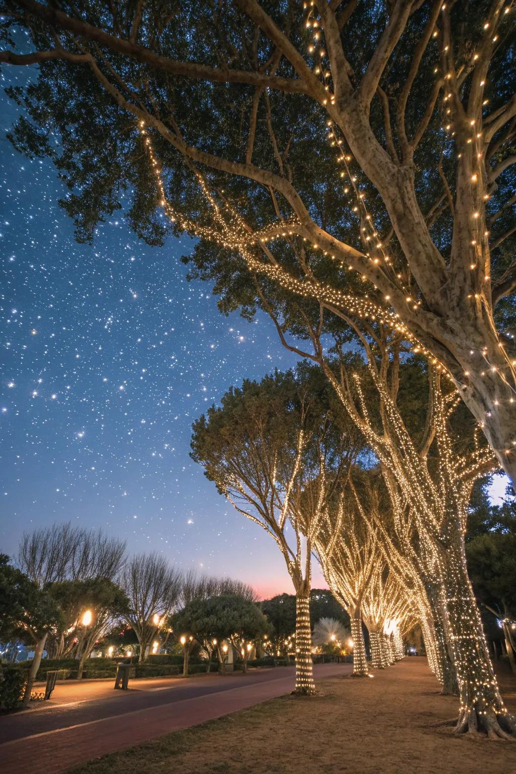 Enchanting sparkling tree vault with LED lights.