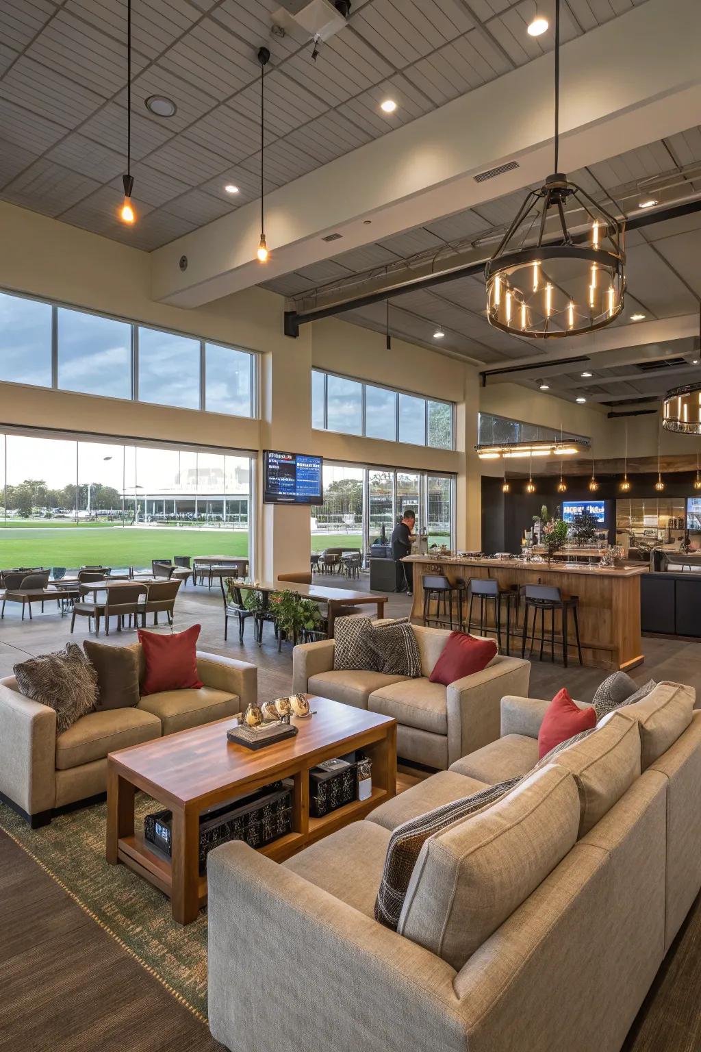 Multi-purpose zones for accommodating functions and lounging inside a clubhouse.