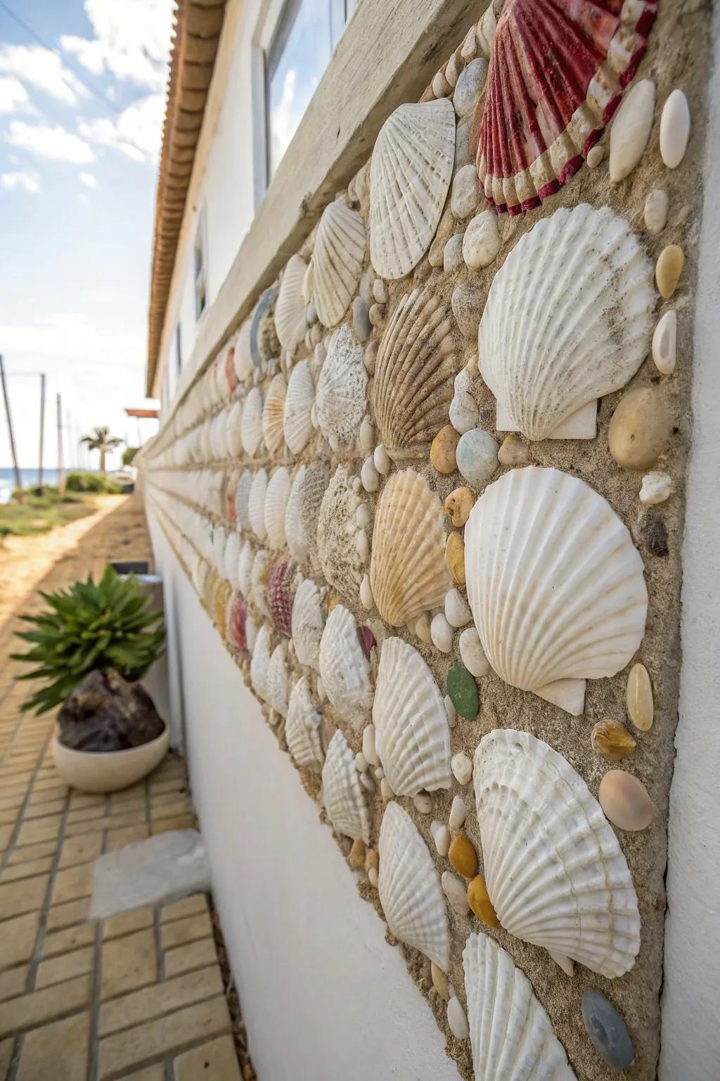 A seashell collage adding a personal touch to coastal decor.