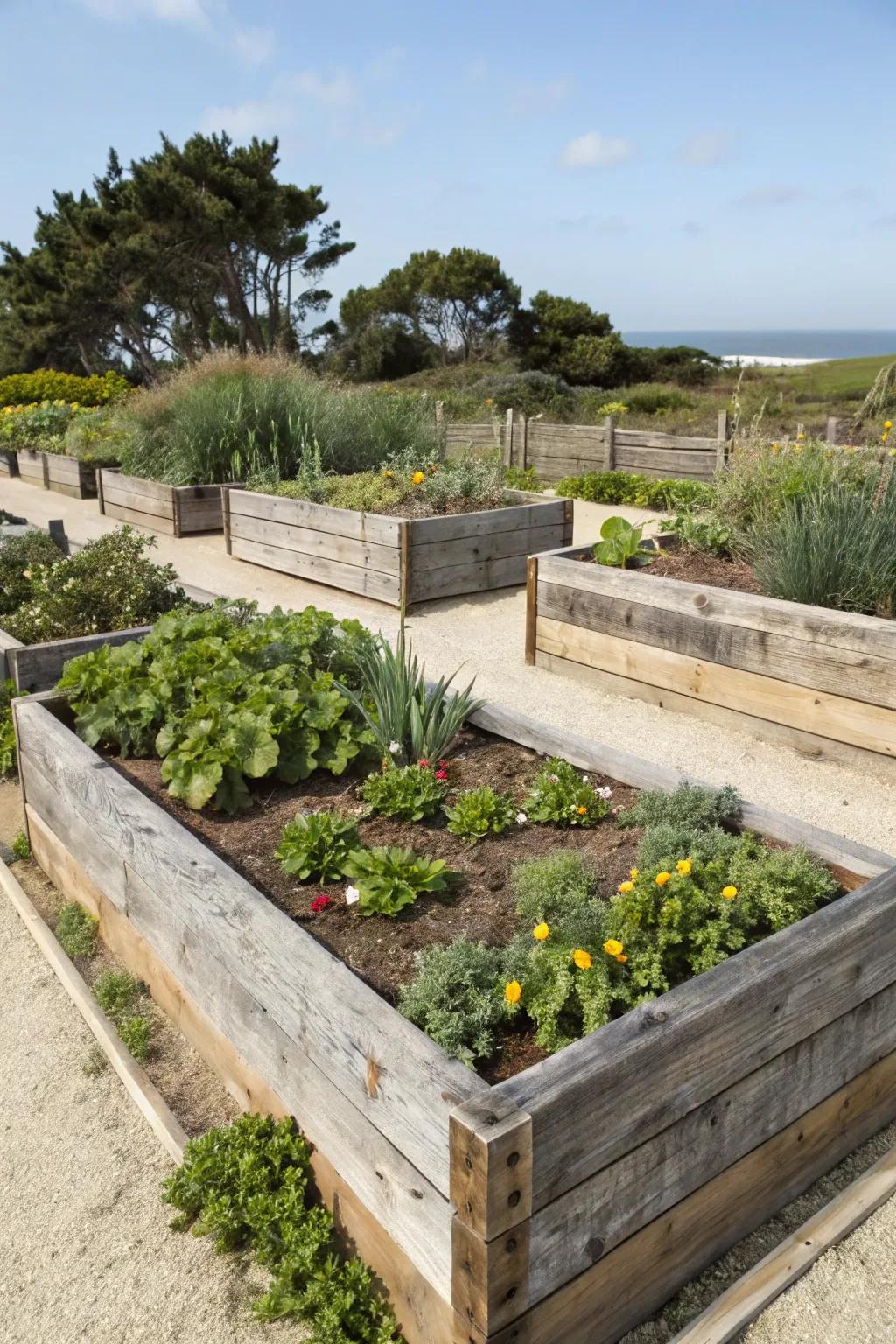 Elevated garden plots offer structure and flair in shoreline gardens.