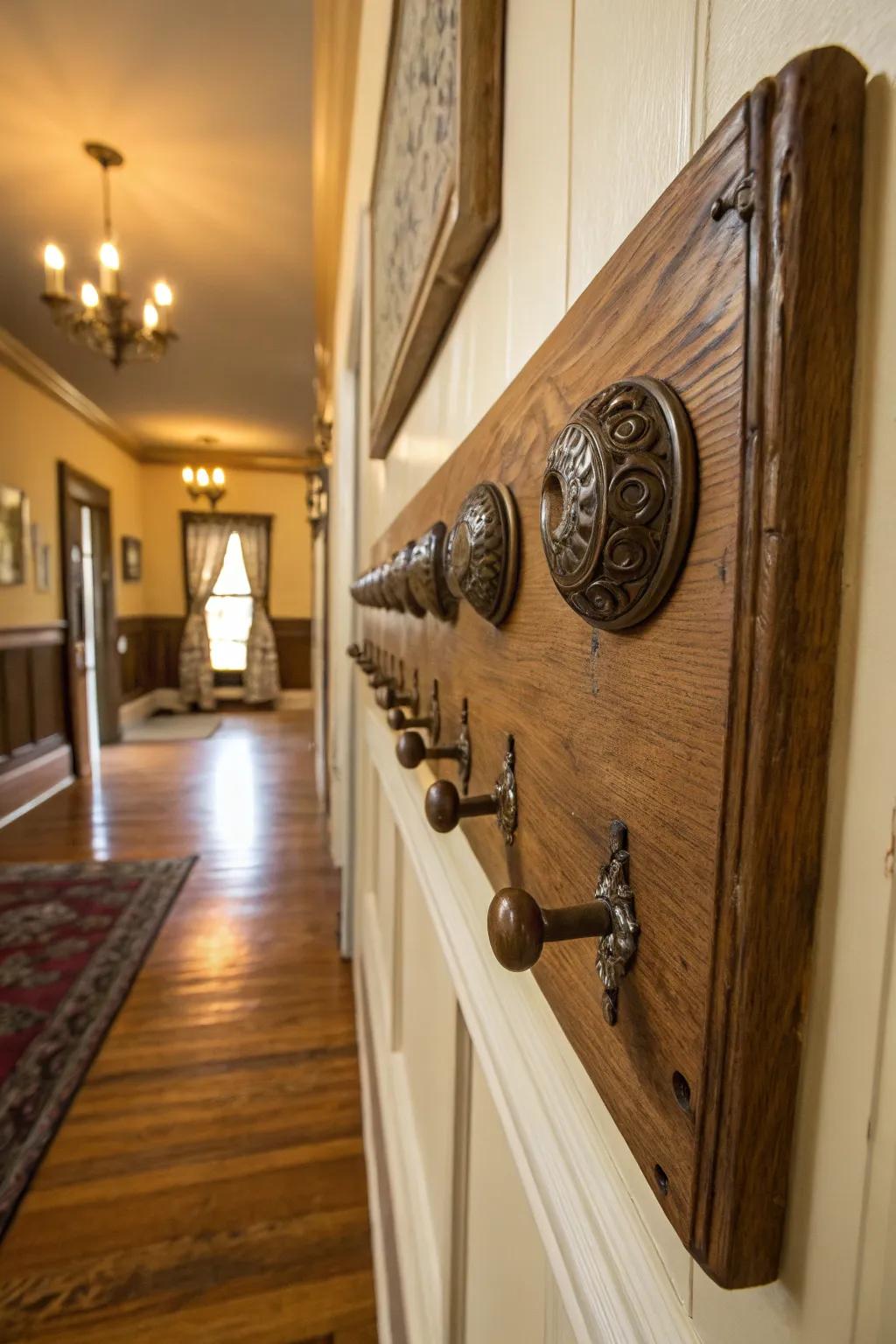 A coat rack fashioned from antique gate knobs, ideal for a nostalgic touch.