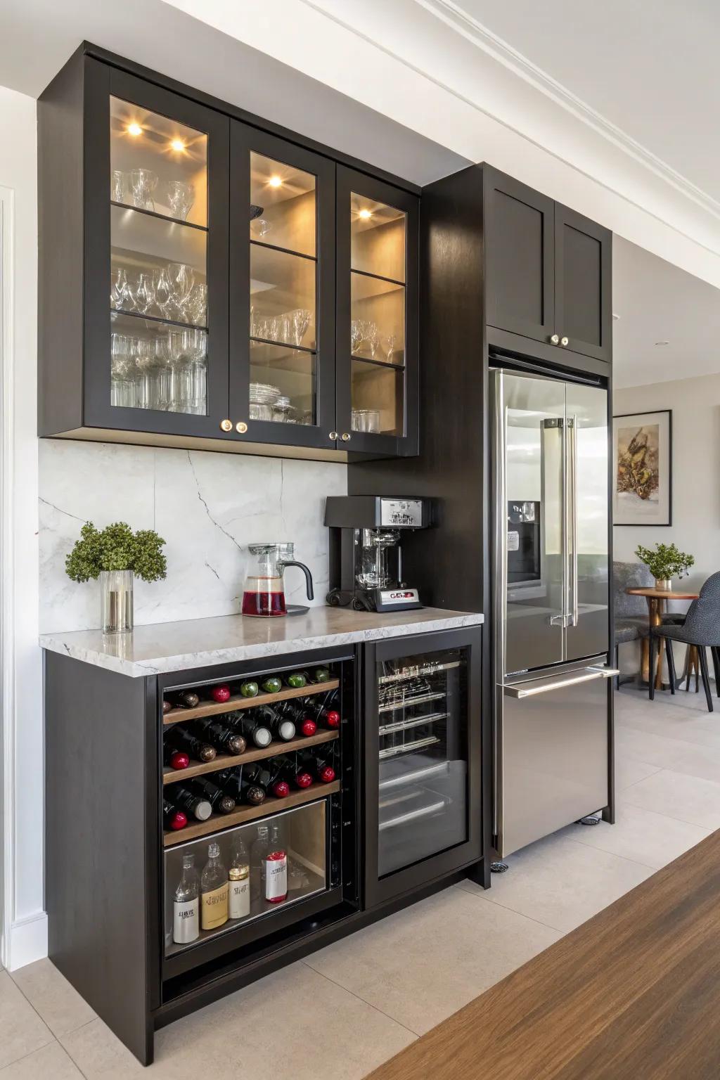 A multifunctional cabinet that caters to both java and wine.