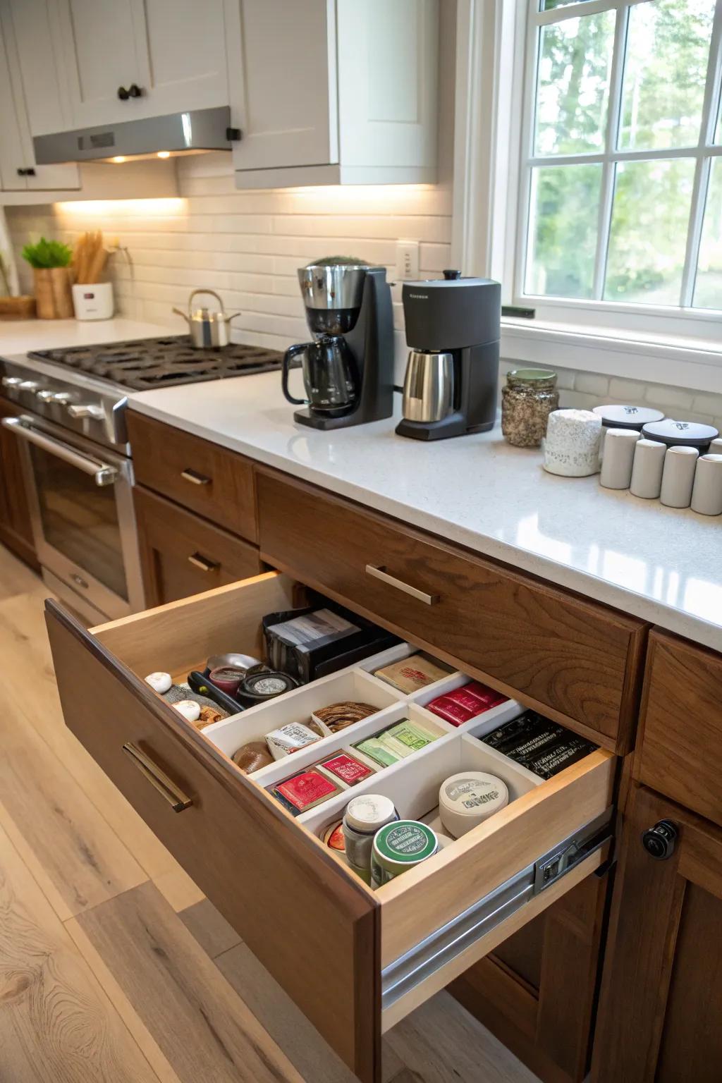 A concealed drawer style preserves a tidy kitchen aesthetic.