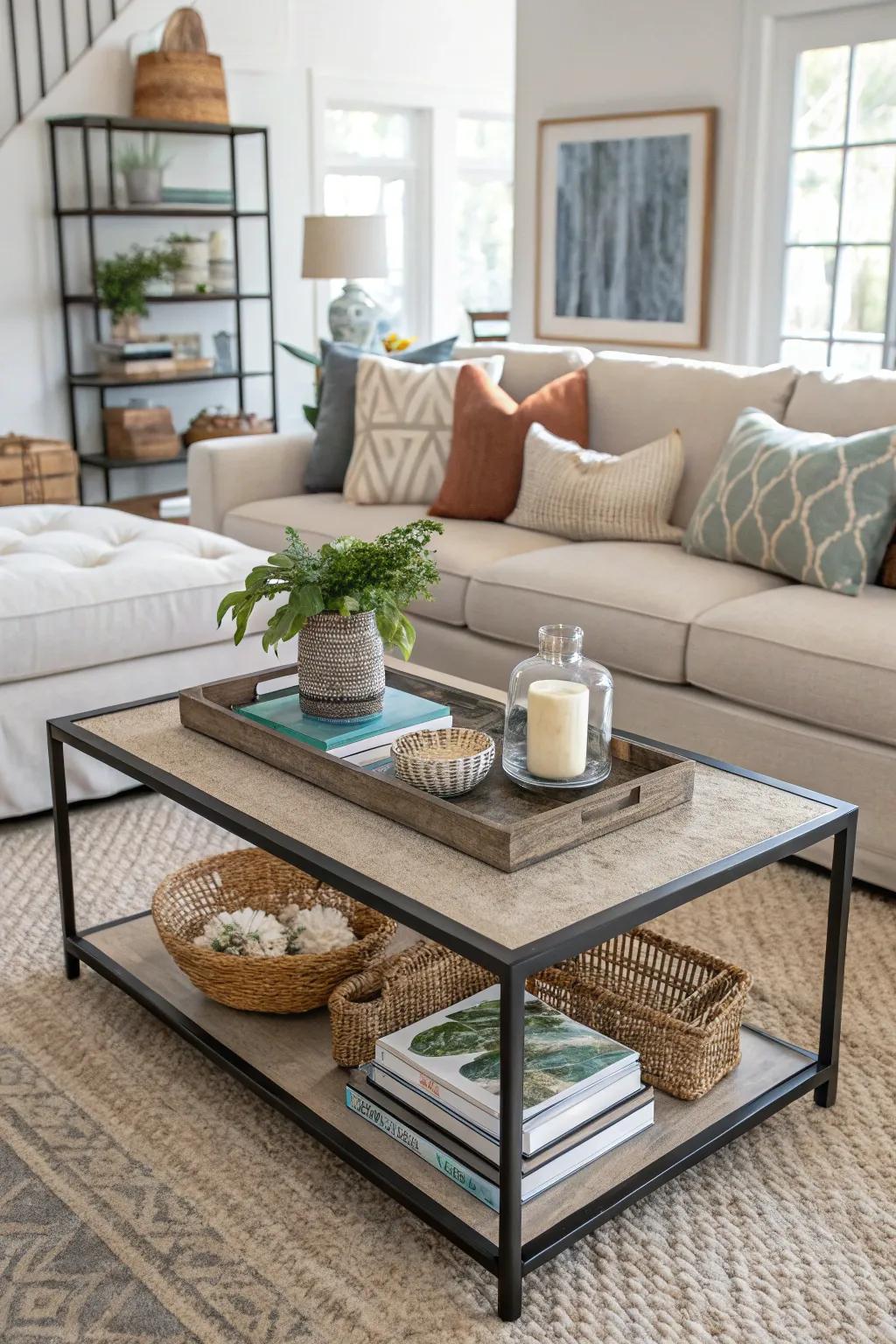 A tiered coffee table offers multiple layers of style and practical use.