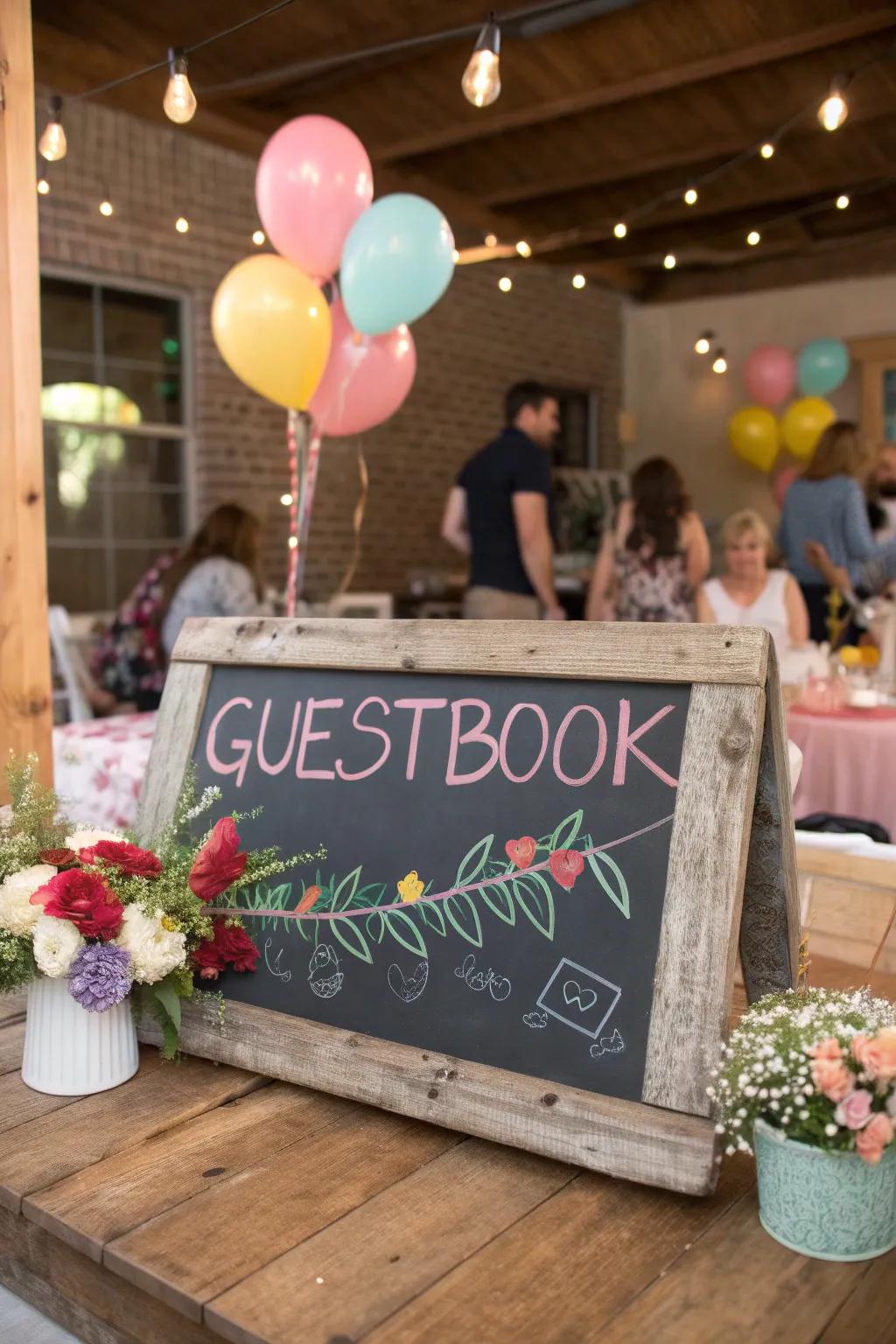A chalkboard guest registry capturing sincere messages from guests.