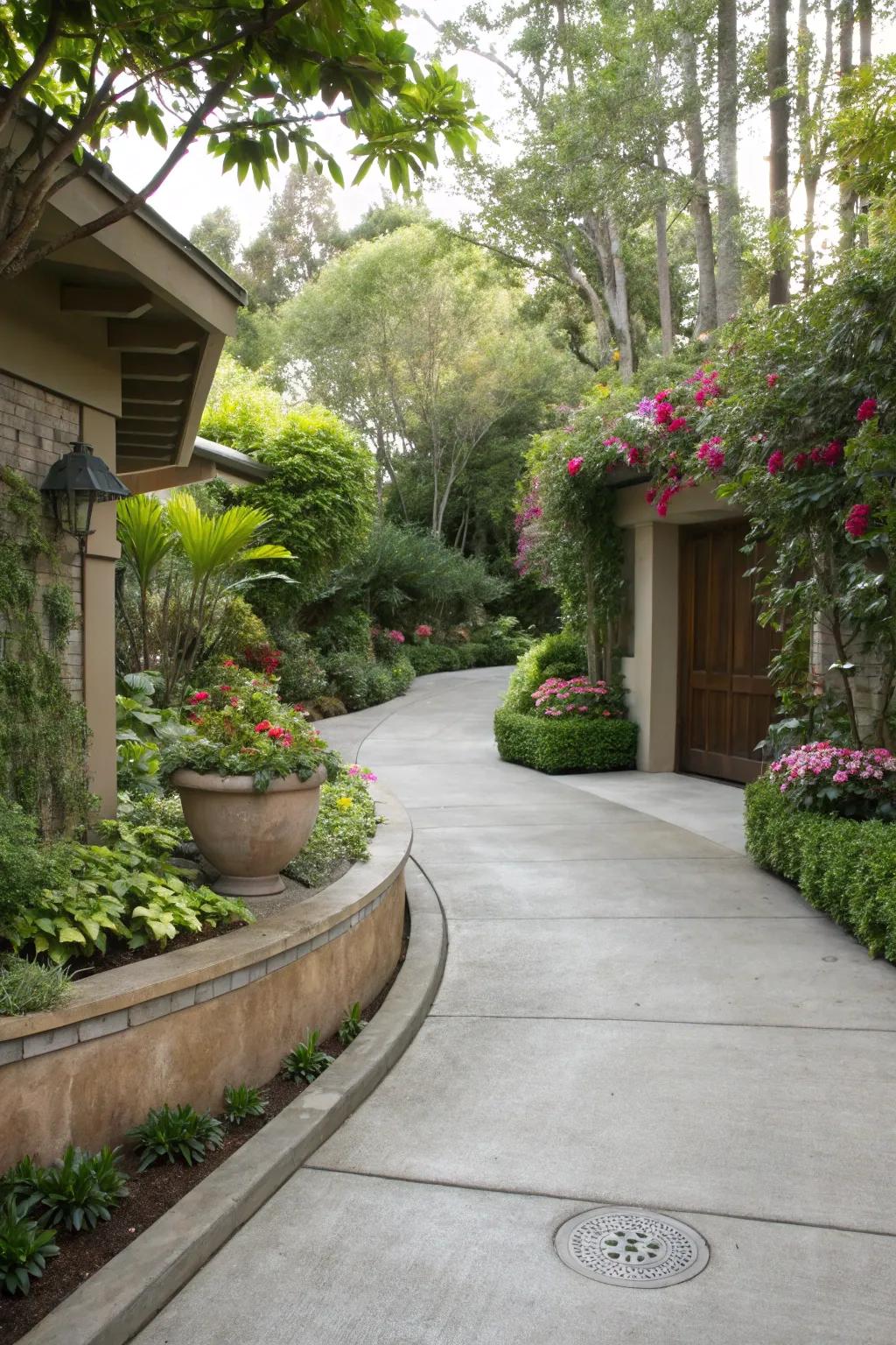 Landscaping aspects that beautifully frame this concrete driveway.
