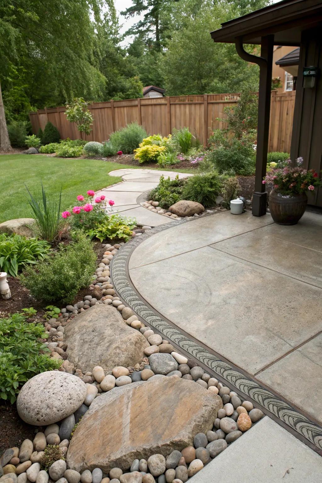Harmonious borders integrate the patio with its natural backdrop.