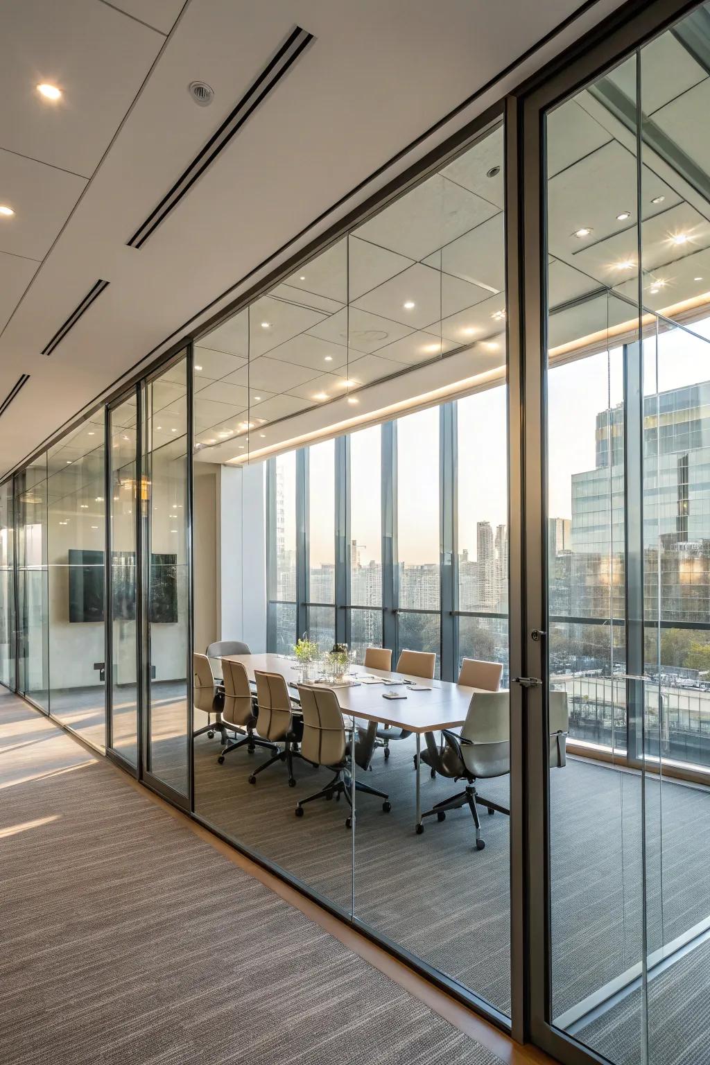 Glass components establish an open, connected atmosphere.