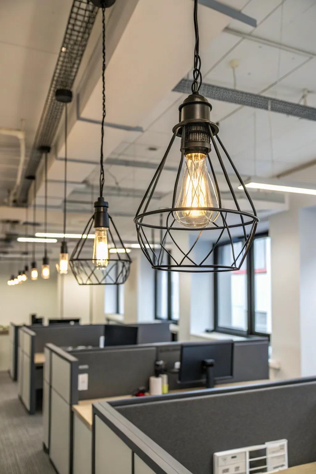 Industrial-style lighting fixtures provide adequate light in an office.