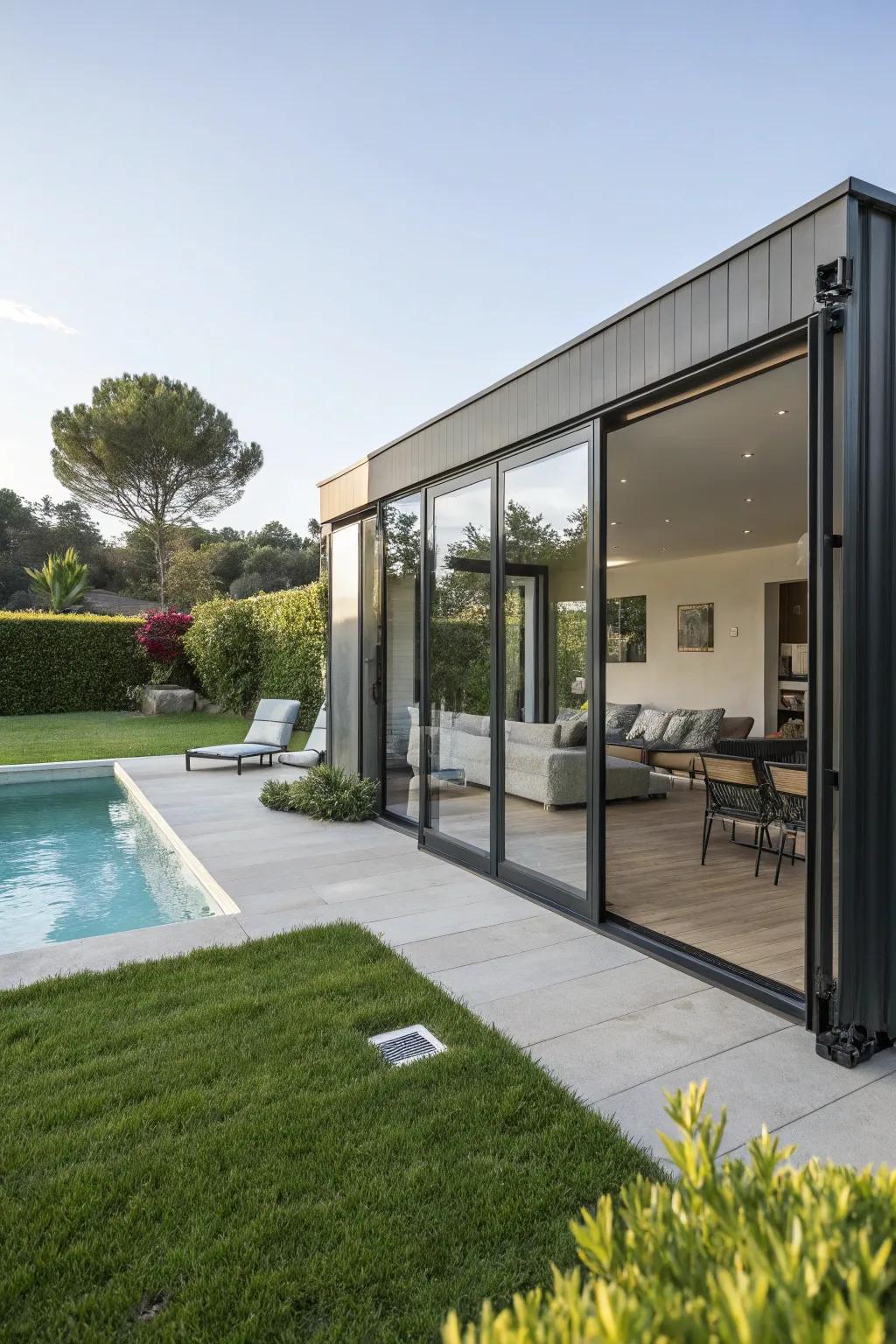 A sleek pool outbuilding fashioned from a shipping container.