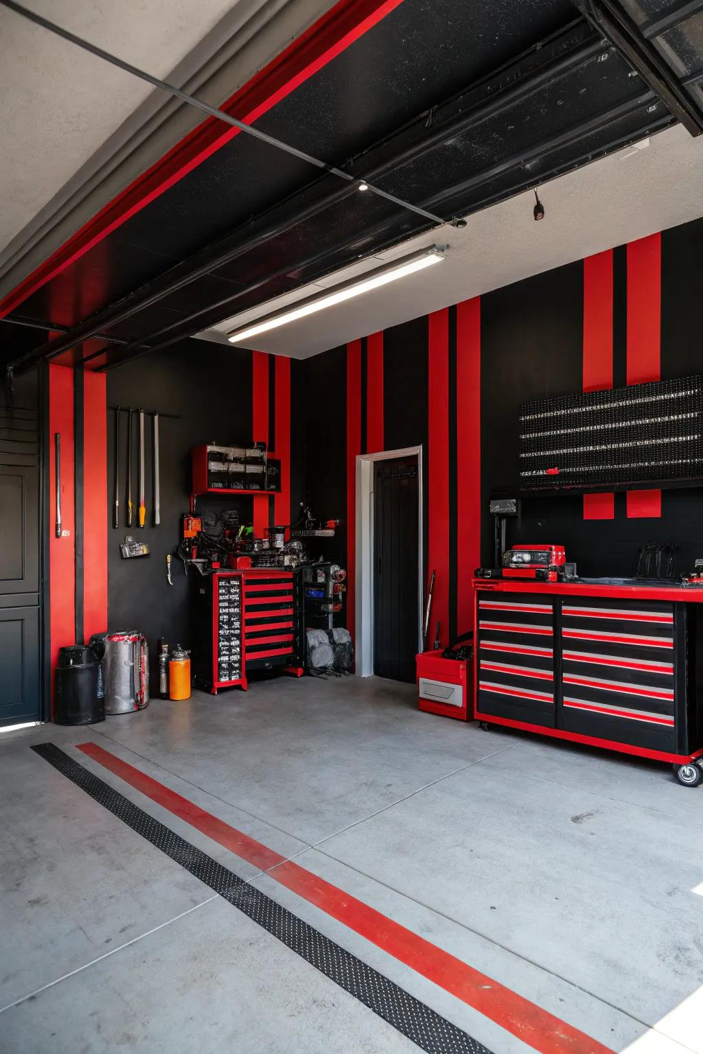 Striking colors create a dramatic and energetic garage ambiance.